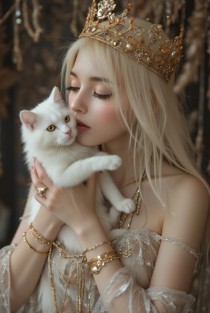 a woman with long wavy platinum blonde hair and white flowers in her hair is laying down in a field of white flowers, using a beautiful white dress  with flowers ornament and long sleeves, the dress accentuates the body and has a high collar, the woman with golden eyes and delicate curves, the discreet smile that stands out on her doll-like lips, at her side a black cat with a red bow around its neck, the black cat is on her lap receiving affection and wearing a crown of white flowers, attention to detail, sharpness, vivid colors, focus, realistic details, ultra hd, dynamic poses, (amy sol:0.248), (stanley artgerm lau:0.106), (a detailed painting:0.353), (gothic art:0.106) 