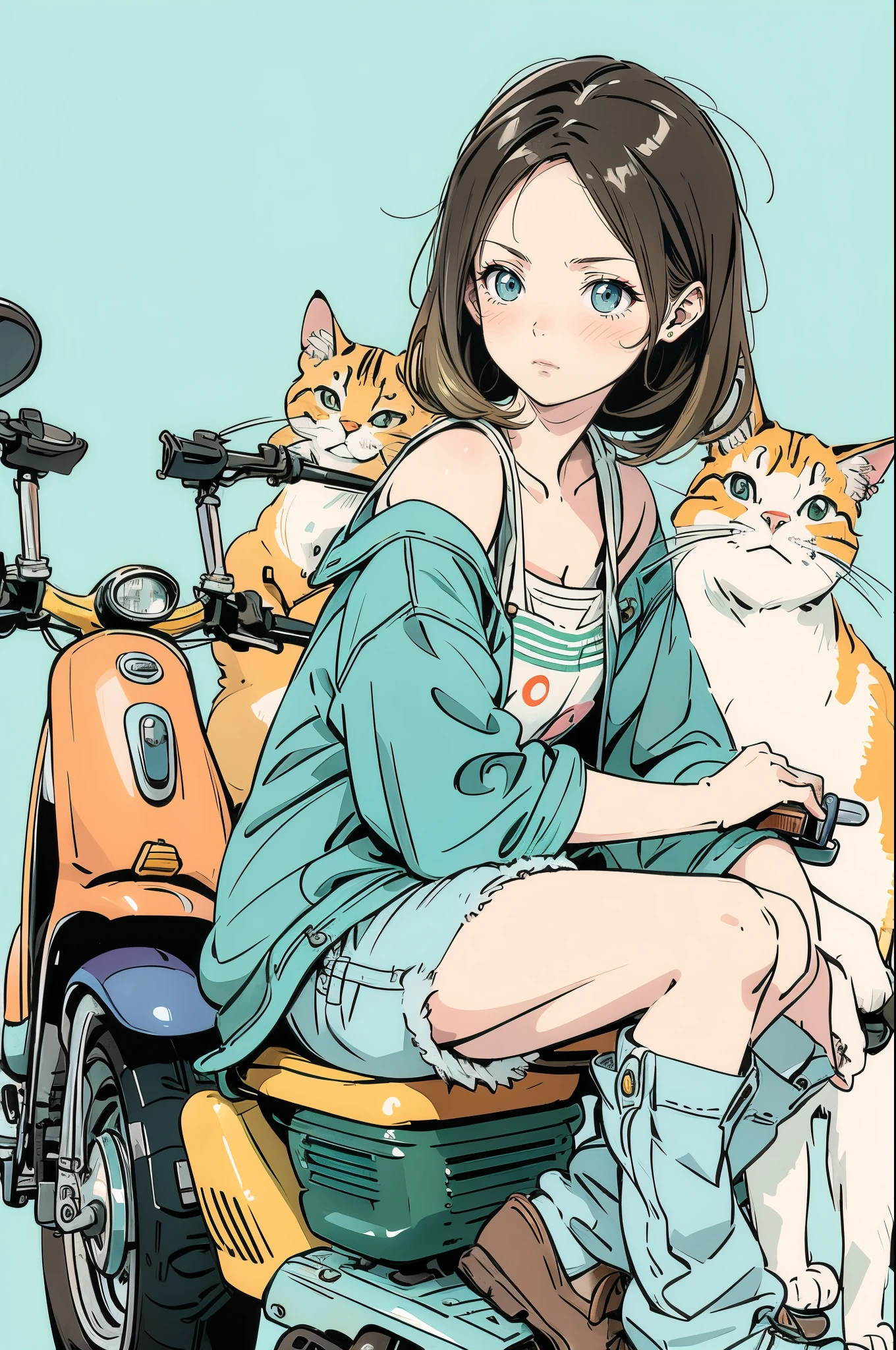 beautiful anime-style illustrations . A brown striped cat is sleeping on a pale blue scooter seat. A blonde woman is crouching beside the scooter , Staring at the cat. The woman is wearing a green off-shoulder top , Denim shorts and brown boots. background is pale blue , give the illustration a simple and clean impression . The overall color scheme is soft , creates a warm atmosphere .