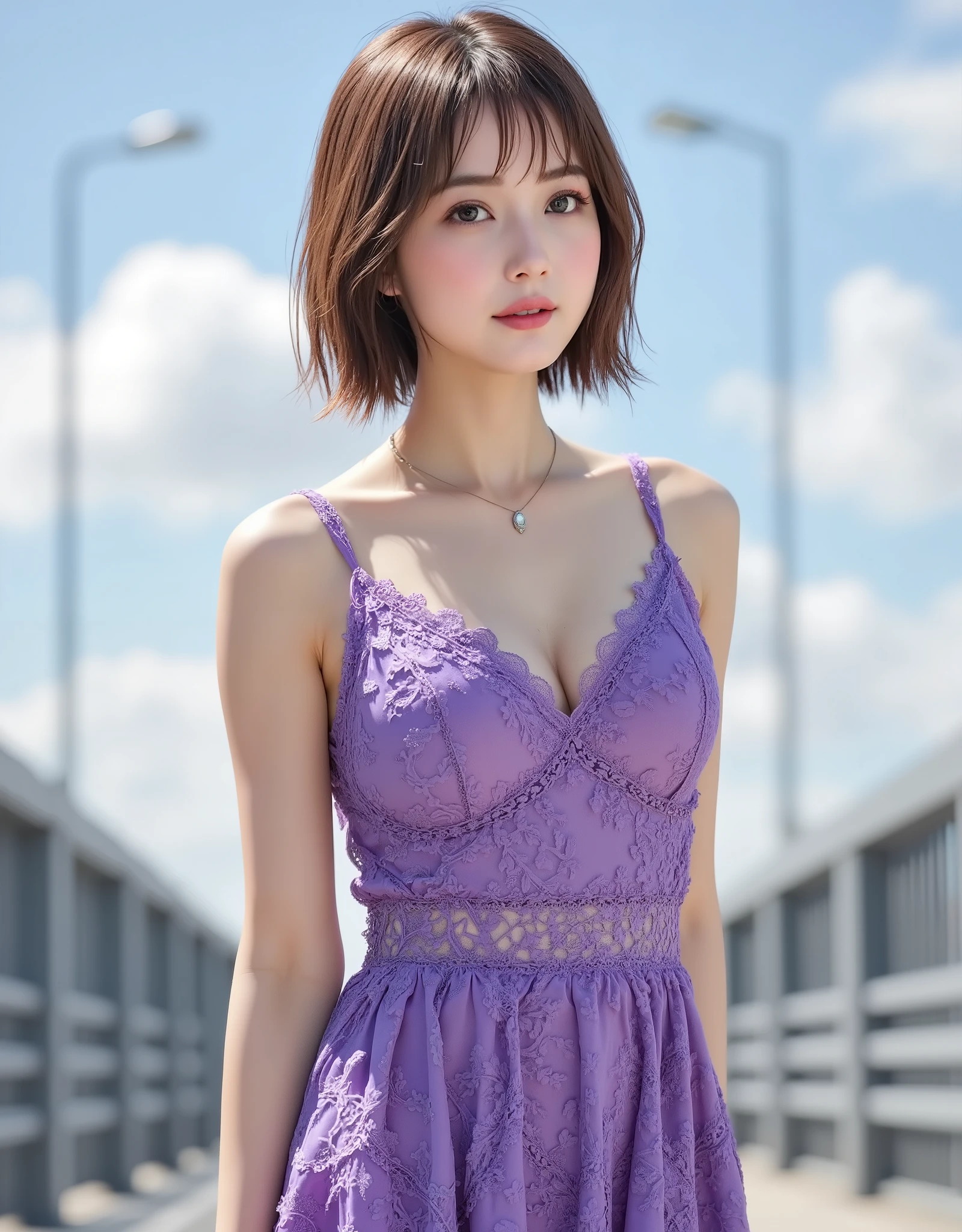 Marian Rivera, 21yo，真实感, A high resolution，looking at viewert,   (8K, RAW photogr, Best quality at best, tmasterpiece:1.2), (actual, realistically:1.37), (Focus sharp:1.2), profesional lighting, フォトンマッピング, Radio City, physically-based renderingt, (pale-skinned:1.2), looking at viewert, (Brown hair long:1.5), sporty attire, a purple eye, through bangs, Alone,  actual,   (Skin glows), fashionable girl, natural makeup, (mini floral dress), tight fit clothes, (sitted:1.3), dynamicposes, Open-air café, huge bust, A sexy pose, Bare breasts,
