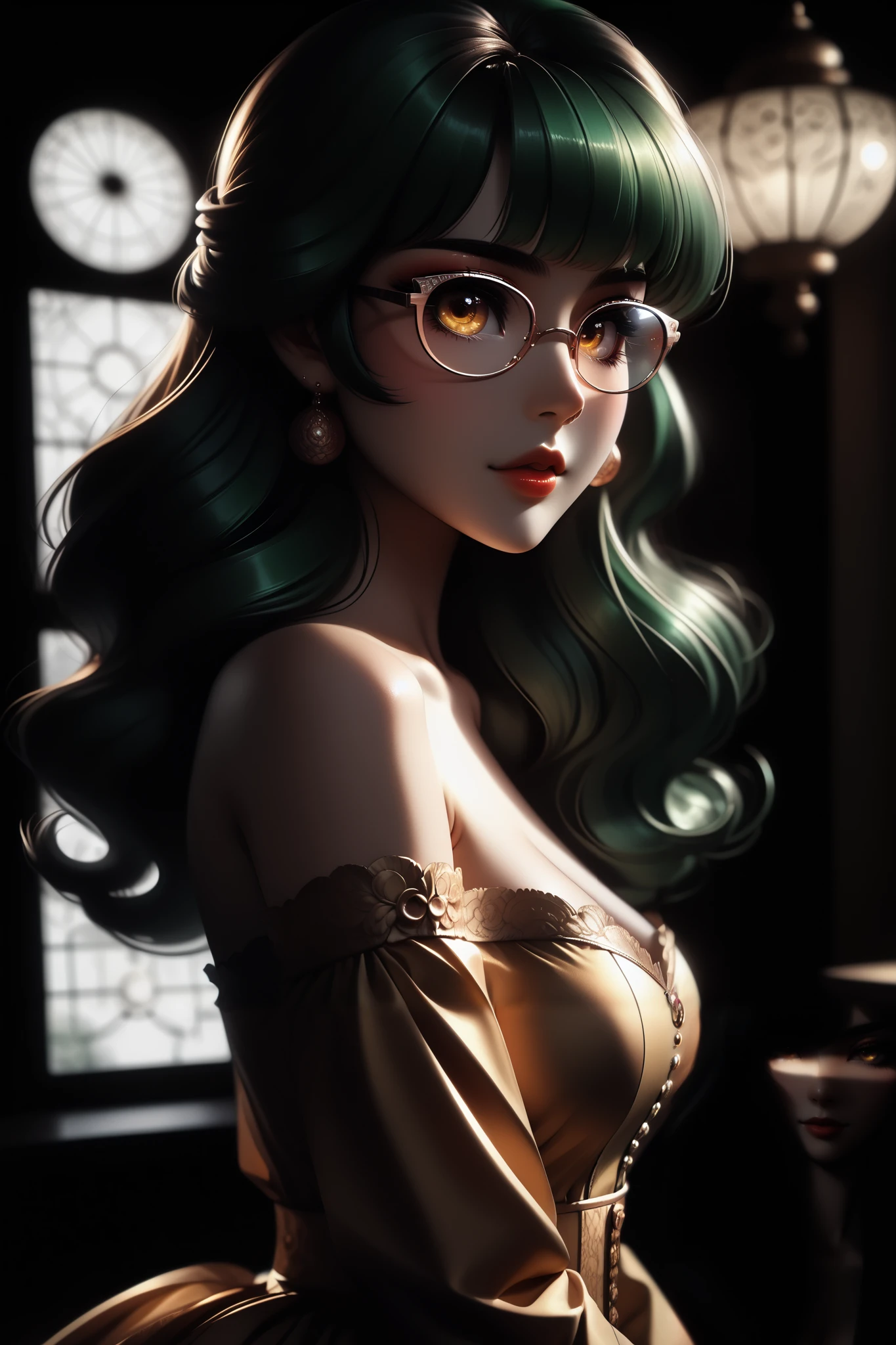 best quality, illustrator anime, style retro classic, 1 japanese girl, elegant erotic beautiful girl, ((long green hair with pony tail and straight bangs)), detailed face portrait, (glasses), maxi dress, (best quality,4k,8k,highres,masterpiece:1.2),ultra-detailed,intricate details, delicate facial features, beautiful amber eyes, ulzzang, long eyelashes, small nose, full lips, porcelain skin, natural lighting, warm color palette, chiaroscuro lighting, dramatic shadows, sensual, alluring, artistic, dreamlike, ethereal, sideboob, cleavage, looking at viewer, ulzzang, (amber eyes), (close up face portrait), big breasts,