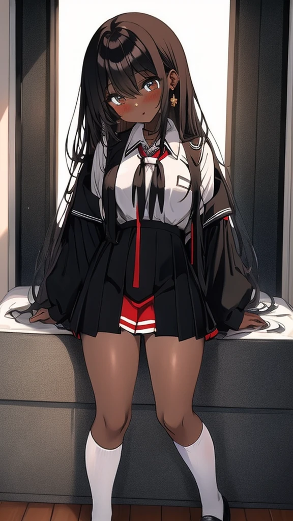 A 16-year-old high school girl with long black hair wearing a school uniform who lifts up her skirt to reveal white panties.