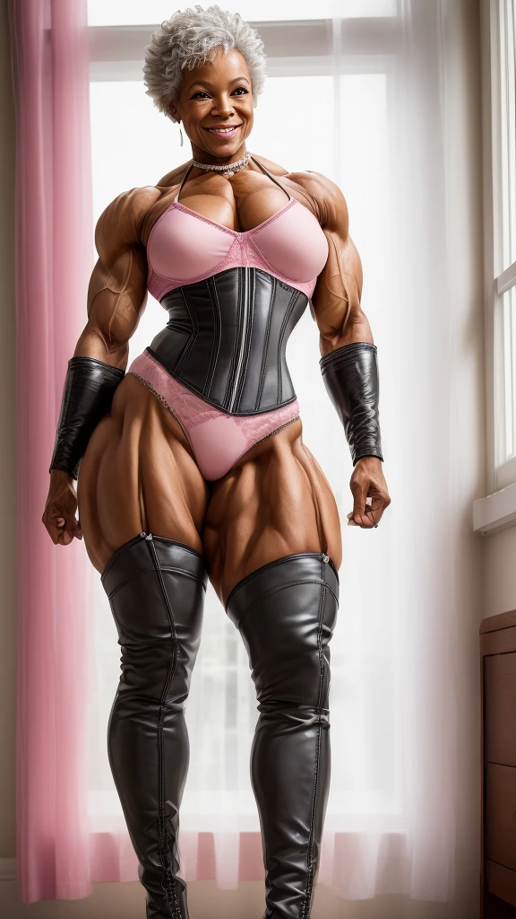 Cartoon black pit bull girl,beautiful detailed,realistic,green pupils,tall, (detailed face), (more details, detailed background: 1.1)in a white lace bra, white lace panties, white stockings,full-length, slender, neat pit bull muzzle,high quality,pumped,muscular,big breasts, pumped-up wide hips, big ass, abs cubes, slender hourglass figure, small pit bull tail, perfect tail position
