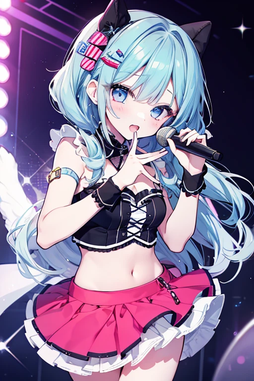  girl idol who is more beautiful and cool than anyone else、Seductive singing voice 、Exhilarating Singing 、 cute idol costume 、Miniskirt、Frills、 belly button sticking out of the 、 high definition