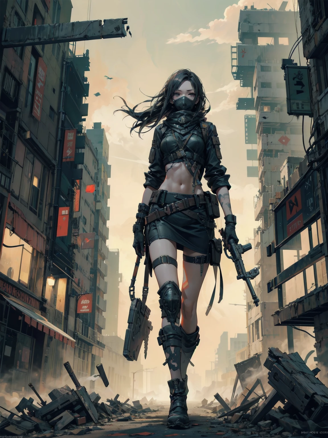 Cinematic lighting、16k picture quality、highlydetailed skin、masutepiece,1girl in, Solo、Best Quality,cyberpunked,(1beautiful woman、Detailed beautiful facial features:1.3)(Red color medium bob hair)blue eye break cinematic lighting、16k picture quality、highlydetailed skin,1girl in, Solo、Best Quality,cyberpunked,(1beautiful woman、Detailed beautiful facial features:1.3)(Red color medium bob hair、Long bangs:1.3)(well-shaped breasts:1.3)Blue eyes that are about to leak, down jacket combat uniform、belly button baggy pants、Touching hair with one hand(A smile、Look down at me:1.3)(1 Hold a cyber-style dagger weapon in your hand.:1.5)、Dirt and blood stains can be seen on the body(a sultry、Steam from the body:1.4)(An old factory that no one uses、Destroyed robots:1.2)(Large helicopter for air transportation、Angle from below:1.4)