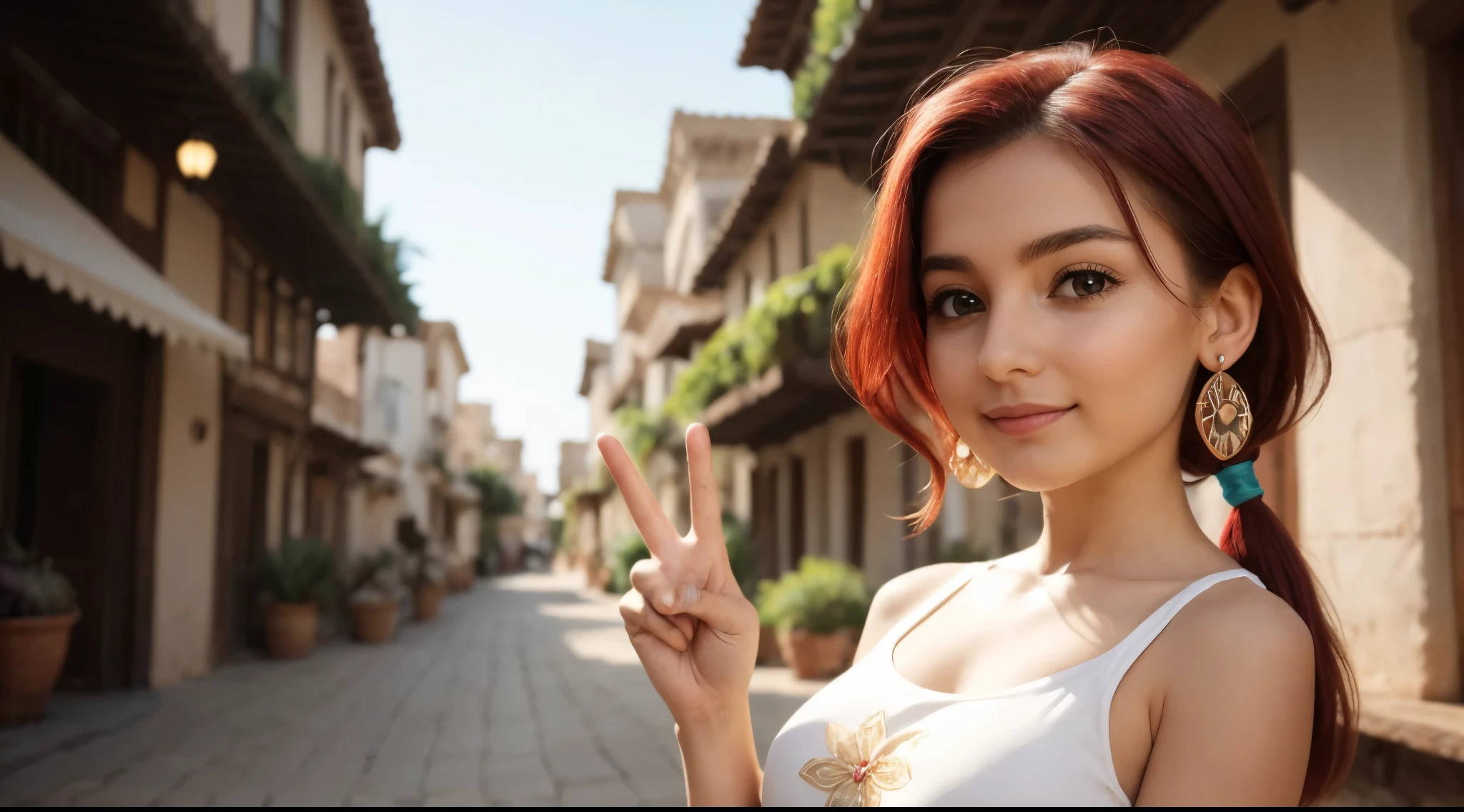 (best_quality, masterpiece:1.2), (highly detailed), (4k, 8k, uhd, high_resolution, highres), girl, (cute:1.8), caftan, moroccan caftan, loose fit, v-neck, cover up, tassels details, full breasts, large breasts, red hair, low ponytail, looking at viewer, ethnic statement earrings, touristic place, casablanca, morocco,