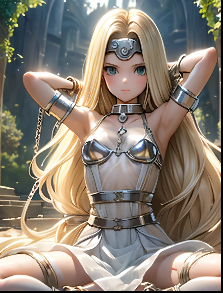 (((SFW、Accuracy、Highest quality、 A first-class masterpiece 、 Normal body 、8k、 detailed face 、 super precision 、 Normal Hands 、5 fingers、Highest)))、" DRAGON QUEST"、Mireille、Mireyu、Blonde、 straight long hair、 slim、 slender、slave girl、Transparent Nipples Transparent Slave White Clothes 、 Torn Ultra Thin Sheer Transparent Slaves White Clothes、 Underwear Transparent Ultra Thin Transparent Slave White Skirts 、 CIRCLET 、ChainRead、Chain Home、handcuffs、The Fall of Slaves、ruins、Confused、 embarrassing、blush、confusion、Hypnosis、Obedient、Round eyes、 Mind Control、brainwashing、 raise your hands behind your head 、Spread your legs and open your legs sexy pose、Chain Bondage、Both hands tied、Spread-legged bondage、 hanging