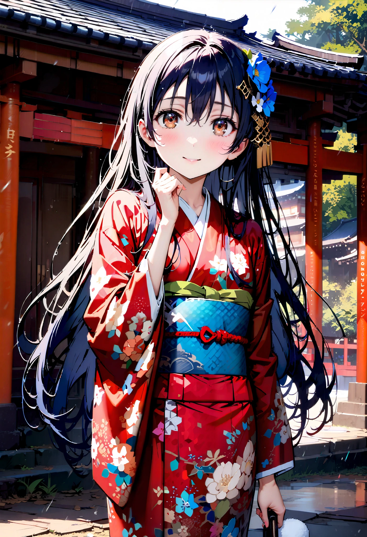 Alone,Sonoda Umi , long hair, bangs, 's hair, brown eyes, blue hair ,smile,blush, close your mouth,Blue flower pattern furuncle , kimono,White Belt,Hair extensions, flower hair ornament white footbag ,Sandals, holding the grip of a Japanese umbrella with both hands and placing it on my shoulder,holding umbrella,rain,whole bodyがイラストに入るように, break looking at viewer,whole body,
break outdoors,shrine,
break (masterpiece:1.2), best quality , kampala,unity 8k 壁紙,(shape:0.8),( fine, beautiful eyes :1.6),It's a person ,whole body写真,CG Details , ( perfect hand, complete anatomy),