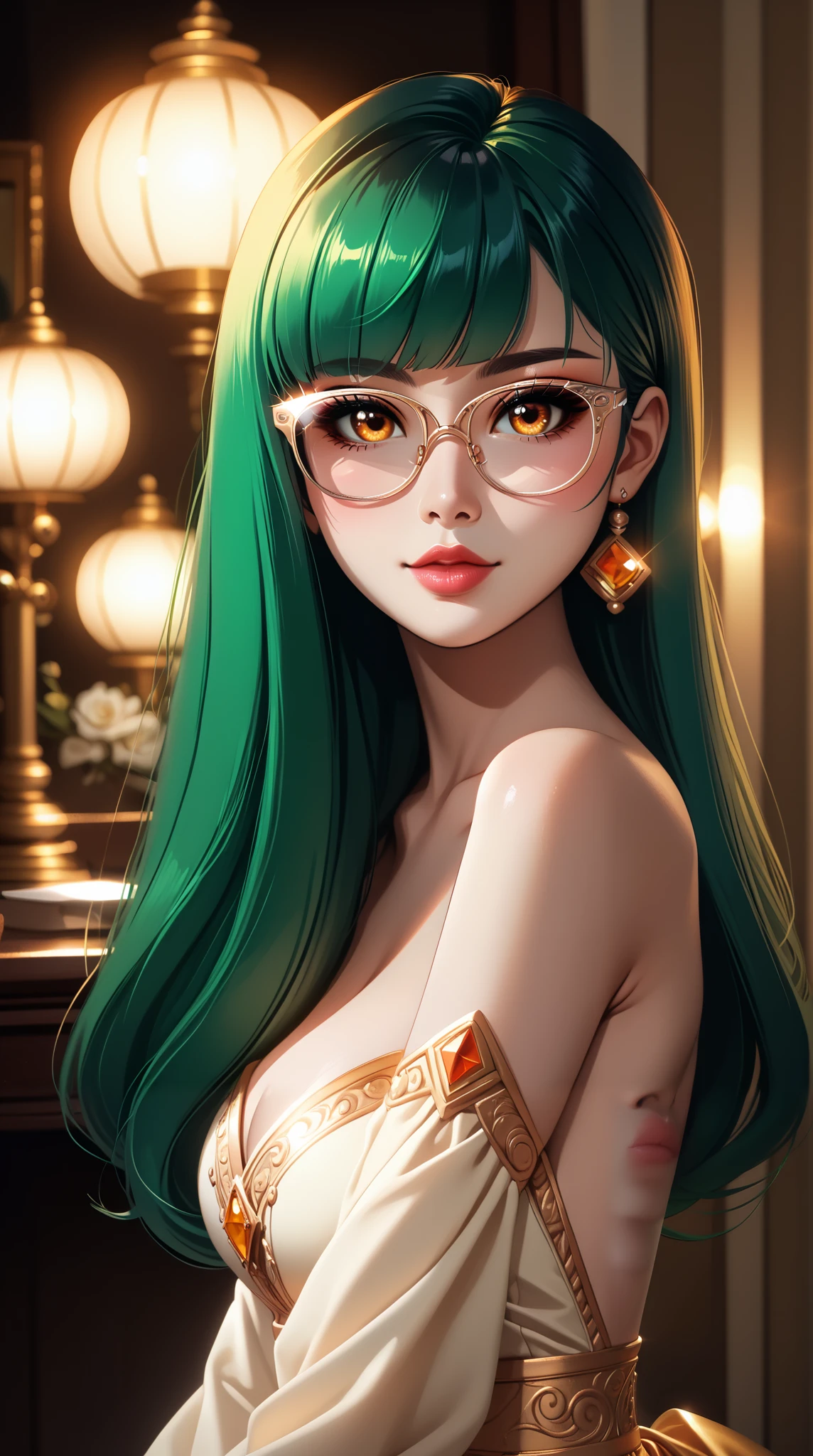 best quality, illustrator anime, style retro classic, 1 japanese girl, elegant erotic beautiful girl, ((long green hair with pony tail and straight bangs)), detailed face portrait, (glasses), maxi dress, (best quality,4k,8k,highres,masterpiece:1.2),ultra-detailed,intricate details, delicate facial features, beautiful amber eyes, ulzzang, long eyelashes, small nose, full lips, porcelain skin, natural lighting, warm color palette, chiaroscuro lighting, dramatic shadows, sensual, alluring, artistic, dreamlike, ethereal, sideboob, cleavage, looking at viewer, ulzzang, (amber eyes), (close up face portrait), big breasts, 

