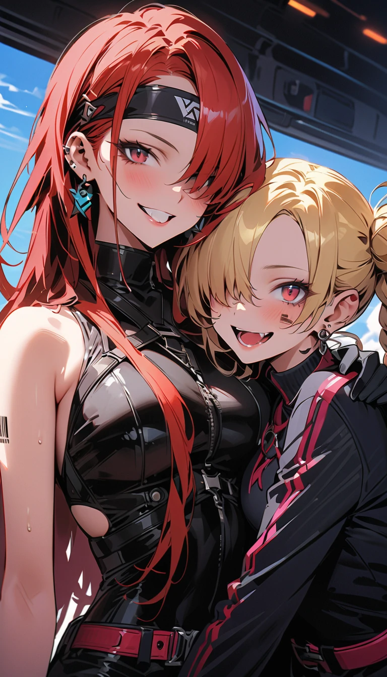 two sexy bubbly and cheerful women in goth outfits, short, vibrant curly orange hair with highlights of pink, hugging 4 years old boy with blonde hair, flirtatious smiles, looking at camera, view from above