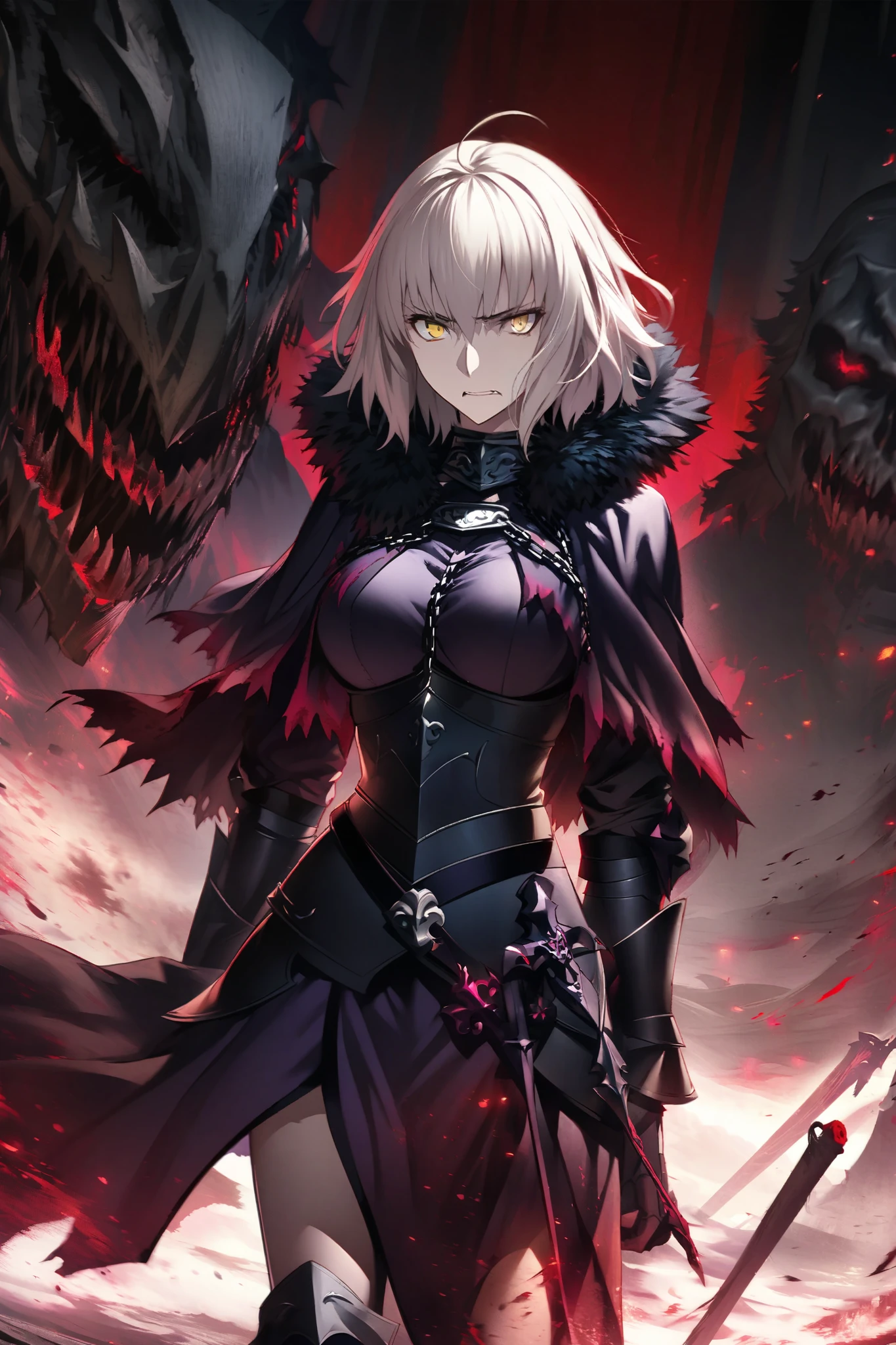 create an anime illustration of the character Jeanne D'Arc Alter from the game Fate Grand Order. create this illustration with a tense, terrifying atmosphere but also drawn very beautifully and in detail. create an illustration with a close up angle where the focus is on the character's expression which is made very detailed.