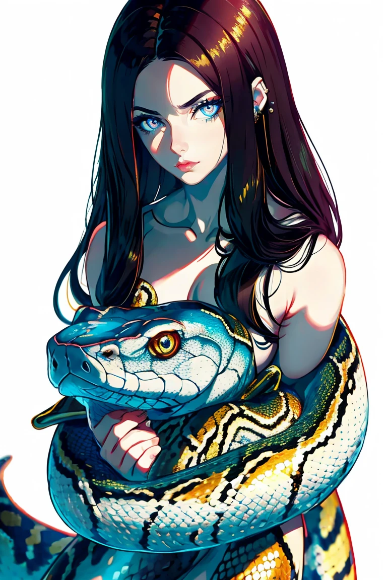 Fine and smooth long hair，Neat but loose bangs，Beauty and snakes，Black python on body，smooth snake that anaconda，(Python clings to skin:1.08)，Upper Body，(Lace Bikini:0.8)，Licking his lips，Close your eyes，Hollywood special effects，masterpiece，European beauties under soft light effect，(Cleavage:0.9)，HD Wallpapers，Background blur，Tropical rainforest background，warm feeling