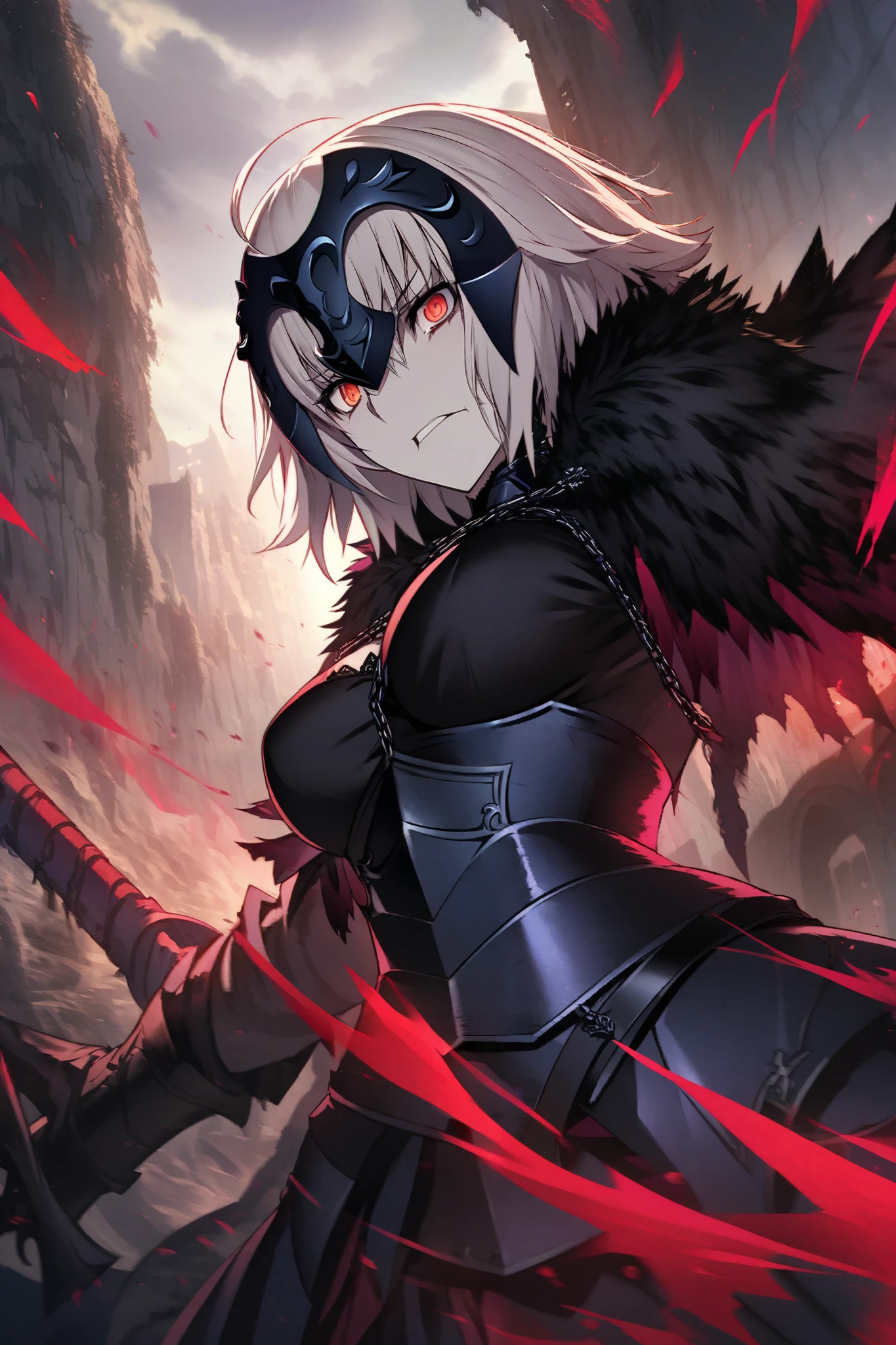 create an anime illustration of the character Jeanne D'Arc Alter from the game Fate Grand Order. create this illustration with a tense, terrifying atmosphere but also drawn very beautifully and in detail. create an illustration with a close up angle where the focus is on the character's expression which is made very detailed.