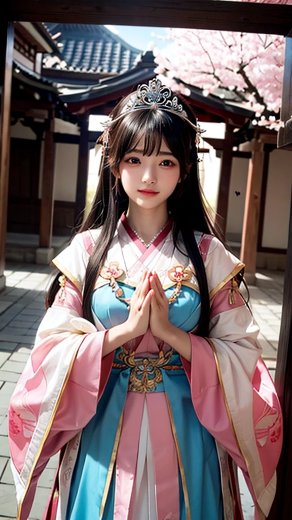 (ulzzang-6500-v1.1:0.4), 1 girl, kpop idol, Yae Shrine Maiden,Detailed face,Long legs shot,whole body, masterpiece, best quality, (Extremely detailed CG unified 8k wallpaper, masterpiece, best quality, super detailed, best shadow), (Detailed background), (beautiful Detailed face, beautiful and delicate eyes), high contrast, (best lighting, extremely delicate and beautiful), Detached sleeves, pink hair, long hair, best quality, (lifelike:1.2), (hair accessories:1.35), jewelry, purple eyes, earrings, big breasts, Torii, Cherry blossoms, lantern light, depth of field, Detailed face, Face focus, (looking at the audience:1.25), skin shiny, long sleeves