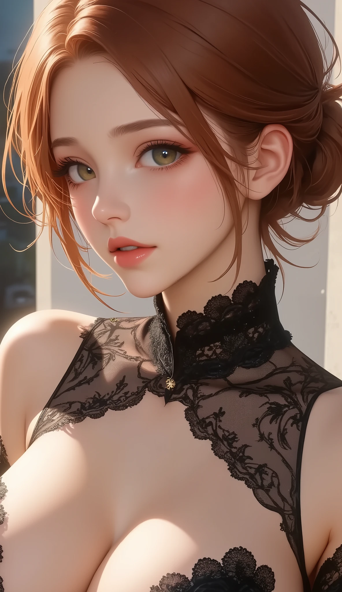  portrait of a beautiful ager ,  big breasts,  deep cleavage , Alluring, sexy,  Intricate Dress ,  soft smile ,  red lips,  ginger hair,  green eyes,  realism,   digital painting  ,  concept art , smooth,  sharp concentration, rule of thirds, Style Psycho