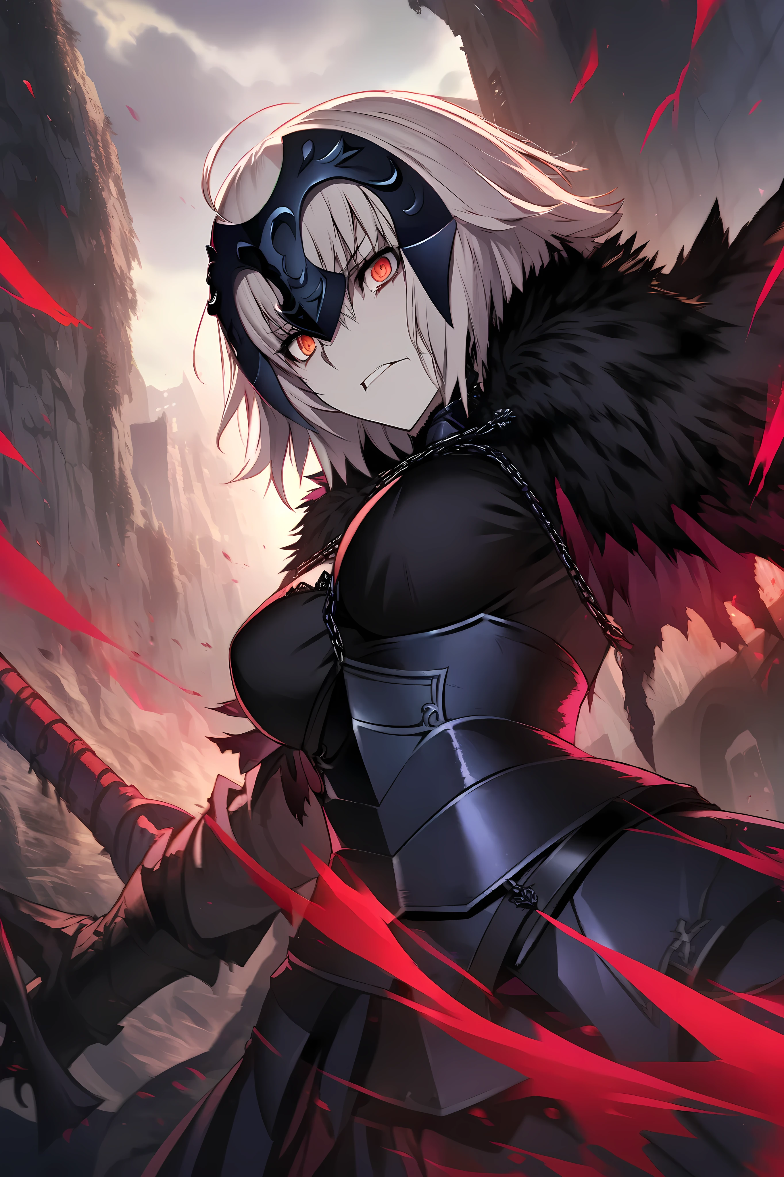 create an anime illustration of the character Jeanne D'Arc Alter from the game Fate Grand Order. create this illustration with a tense, terrifying atmosphere but also drawn very beautifully and in detail. create an illustration with a close up angle where the focus is on the character's expression which is made very detailed.
