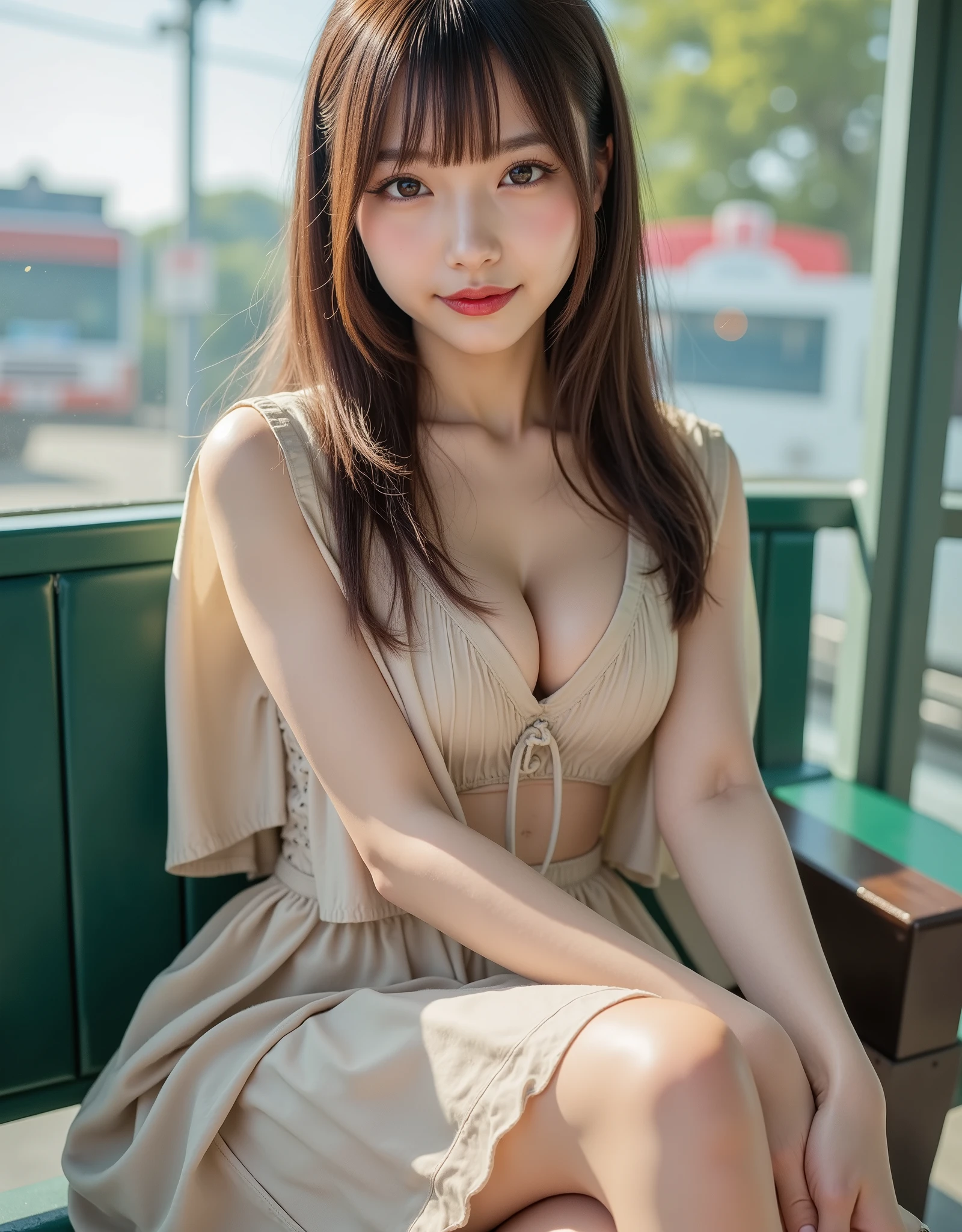 8K quality、High definition、Realistic skin texture、High definitionの瞳、Man sitting、Woman embraced by a man、A female cafe owner seduces a male customer、Brown long hair、、Ring piercing of the earlobe、A neat and tidy beige frilled dress、Dignified face、slender、Model Body Type、Ripe body、Neat 30 year old woman、Off the shoulder、Opening her legs and exposing her genitals、Open Crotch、Realistic female genitalia、Ecstatic expression