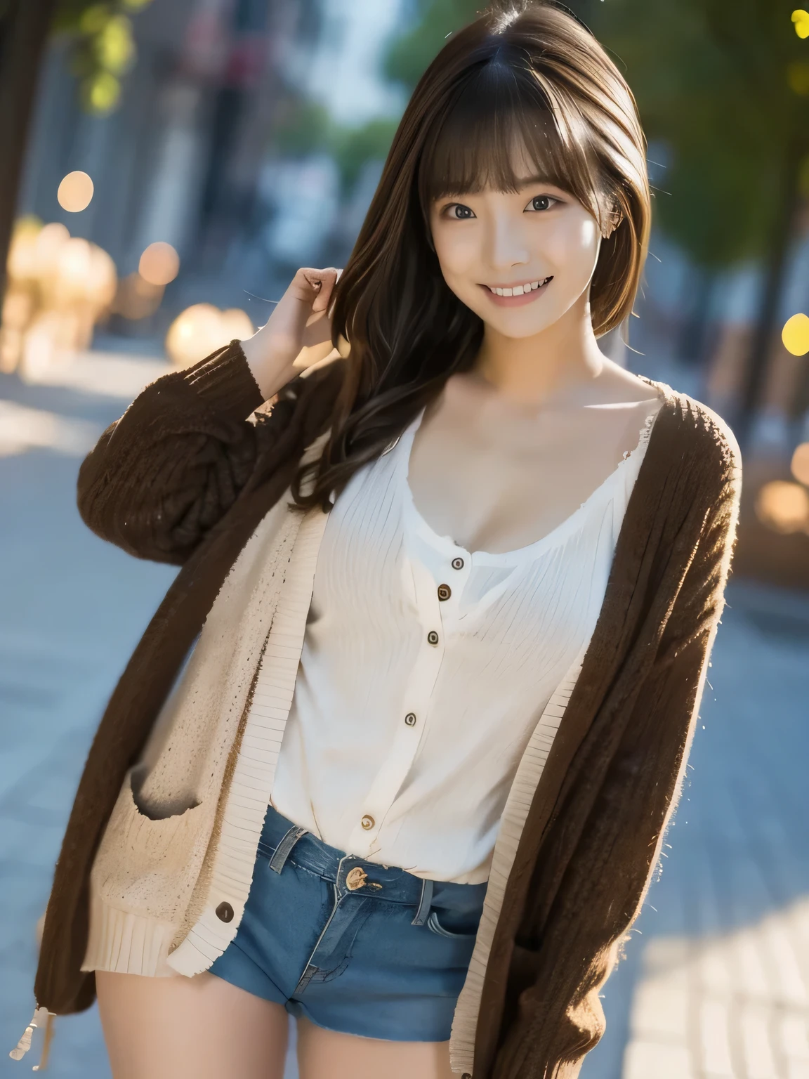  1 girl, solo, One Piece， cardigan， boots，  long hair, bangs, ((highlight brown hair))，
chest,  smiles, Aperture F2.8,  8k octane ,  3D rendering , 