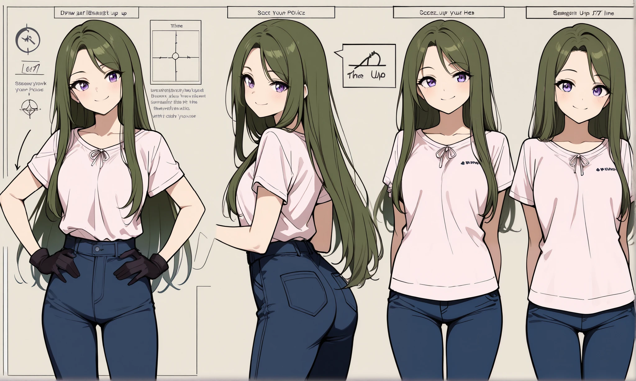 Very beautiful face ,Wear casual clothes , and simply tie your medium long hair behind your head, Straight Chest , with a smile ,Two views from the back ,Character setting diagram,Draw ,Line Art,The dark green police uniform , long pants, eyes,The seven-part figure,Confidently lean your head ,Gloves