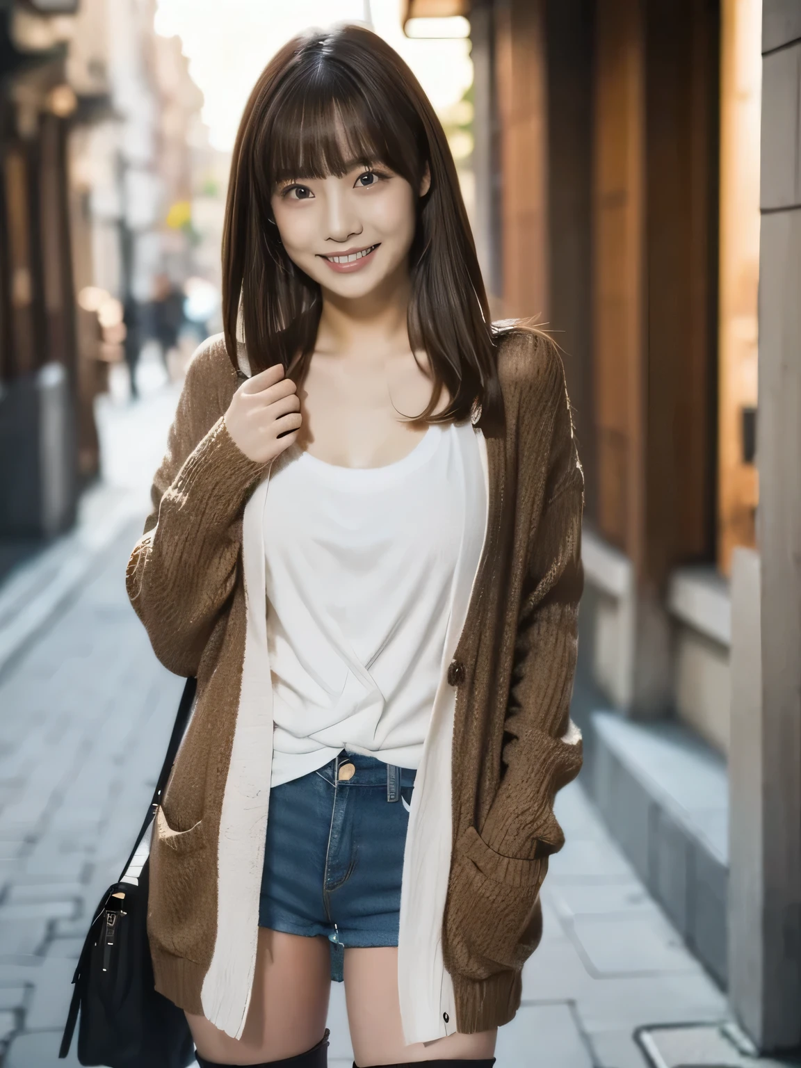 1 girl, solo, One Piece, cardigan, boots, long hair, bangs, ((highlight brown hair)),
chest, smiles, Aperture F2.8, 8k octane , 3D rendering ,