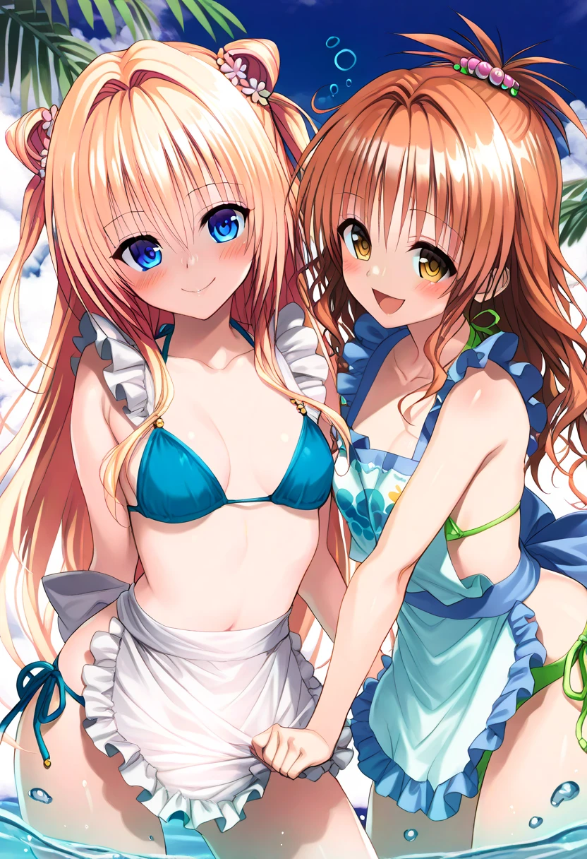 (two heads:1.4), masterpiece, best quality, absurdres, 1girl, mir1nb, white bikini, hair ornament, red panties, green bikini skirt, wide sleeves, single side thight strap, oil- umbrella, sandals, :D