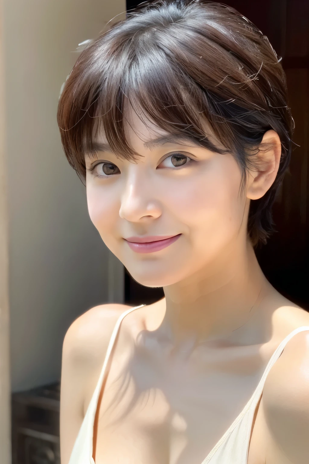 Arafed asian woman with short hair and a white tank top - SeaArt AI