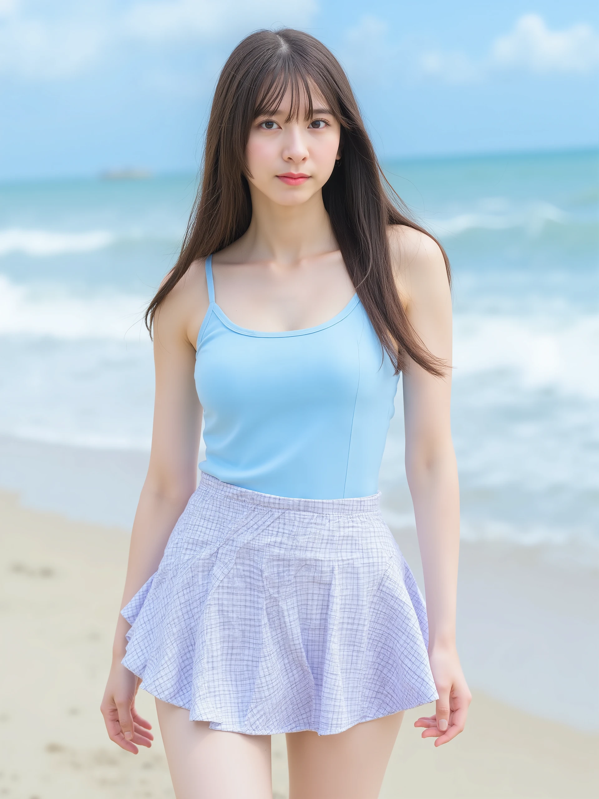 High resolution photo of Japanese actress, (Real, Photoreal:1.2), (Top quality, Masterpiece), RAW photo, Exquisite details, High resolution, High resolution, Sharp focus, (Full body, Front shot:1.4), One girl looking at the camera, (((Wearing a light blue short tank top, sexy flared mini skirt with checkered pattern))) Beautiful breasts, (Dark brown medium length hair with bangs), (Detailed face, Beautiful detailed eyes, Beautiful black eyes, Shiny nose), Midsummer beach, Perfect anatomy, Perfect hands, Photo background, Outdoors, Sandy beach, Blue sky and clouds,