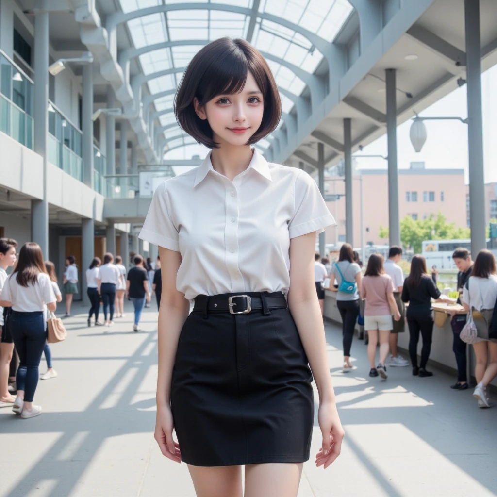 OL Uniform Arafe Woman Posing for Photo, Slim Girl Model Photo, Physical: Tinyest Midliff Ever, Female Model, Japan Female Fashion Model, Sakura Miyawaki, LE SSERAFIM, (8k, RAW Photo, Best Quality, Masterpiece: 1.2), (Realistic, Photorealistic: 1.37), Ultra Detailed, Ultra High Resolution, Summer, Office District, Standing Figure, Full Body,