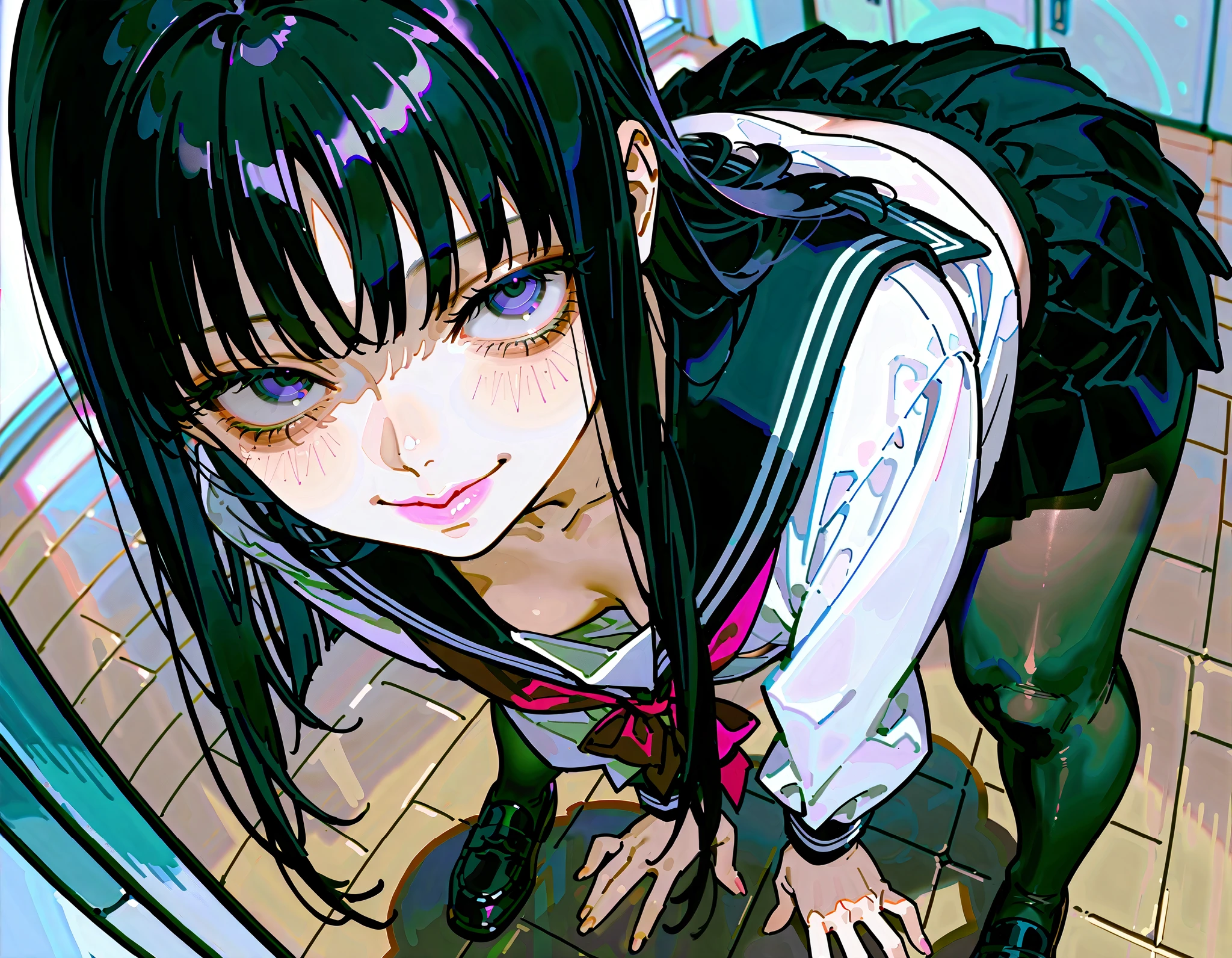 (Tomie Kawakami)、(school uniform)、class room、long hair、hime cut、black hair、(pink lip)、flat chest、blush、big thighs、(plump)、covered erectile nipples、(((upturned eyes)))、thick lips、smag、side view、sanpaku eyes、half undressed、mini skirt、(((dead eyes)))、view for viewer、evil smile、pantyhose、(cleavage)、from above、leaning forward、(downblouse),full body