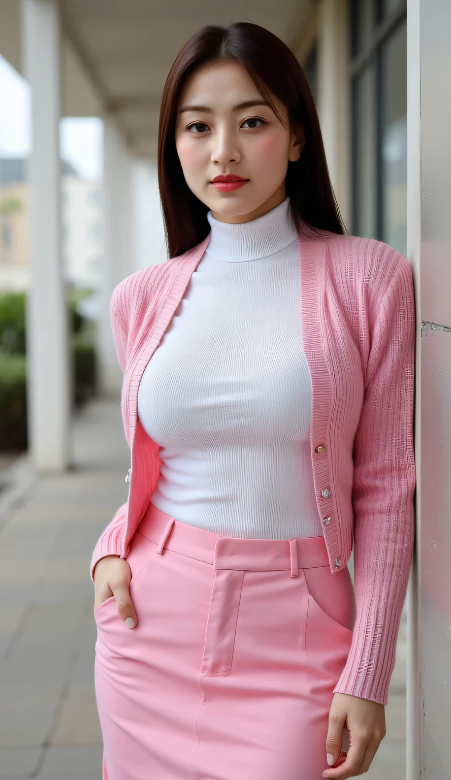 an office lady,  leaning against the wall, Facing front,  use pink knit jacket with white sleeveless turtle neck t-shirt, use a long skirt to the legs of pink,  big boobs,  red lips,  very slim waist ,  ideal body shape