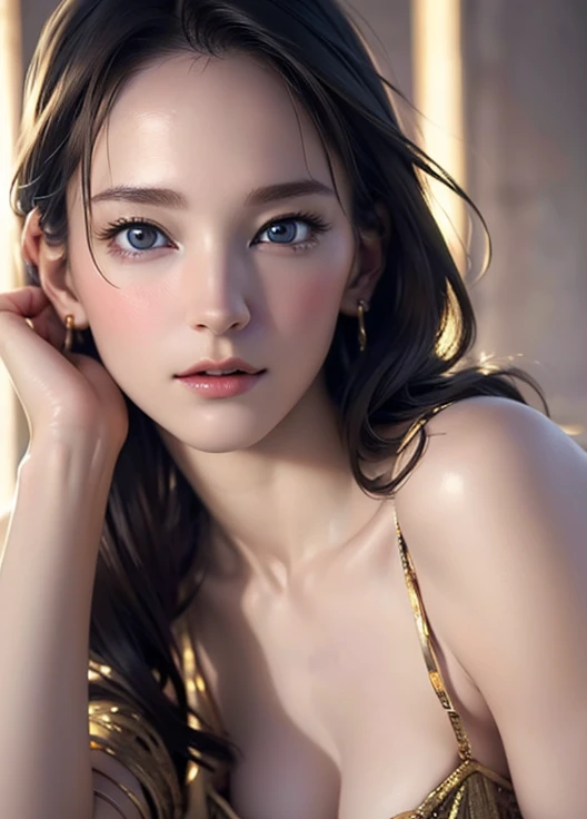 Ultra-detailed complex 3D rendering of the face, (Colossal: 8.8), (masterpiece, top quality, octane rendering, 8K), glamour shot full body image, cleavage, (highly detailed skin: 1.2), (exposure: 1.1), (blonde))), ((minuscule gold micro bikini: 1.5)), beautiful Caucasian woman with white skin with full soft breasts with big buttocks, one, long braided hair, Big breasts, dynamic angle, mystical expression, ultra-realistic photo, (((((portrait)))), bare feet, futuristic city background, facial muscles, detailed and beautiful queen tiara, in the style of Marvel Comics, clear focus, studio photography, intricate detail, highly detailed, detailed yellow eyes, sharp focus, digital rendering, professional, abs, (( (sexy pose))), natural jungle, lightly open mouth, mansuji, open crotch, seductive look, angel ring, detailed and beautiful angel wings, clean mouth, light particles, anatomically correct, crotch, legs open in a V shape, huge pink areola, areola comes out,