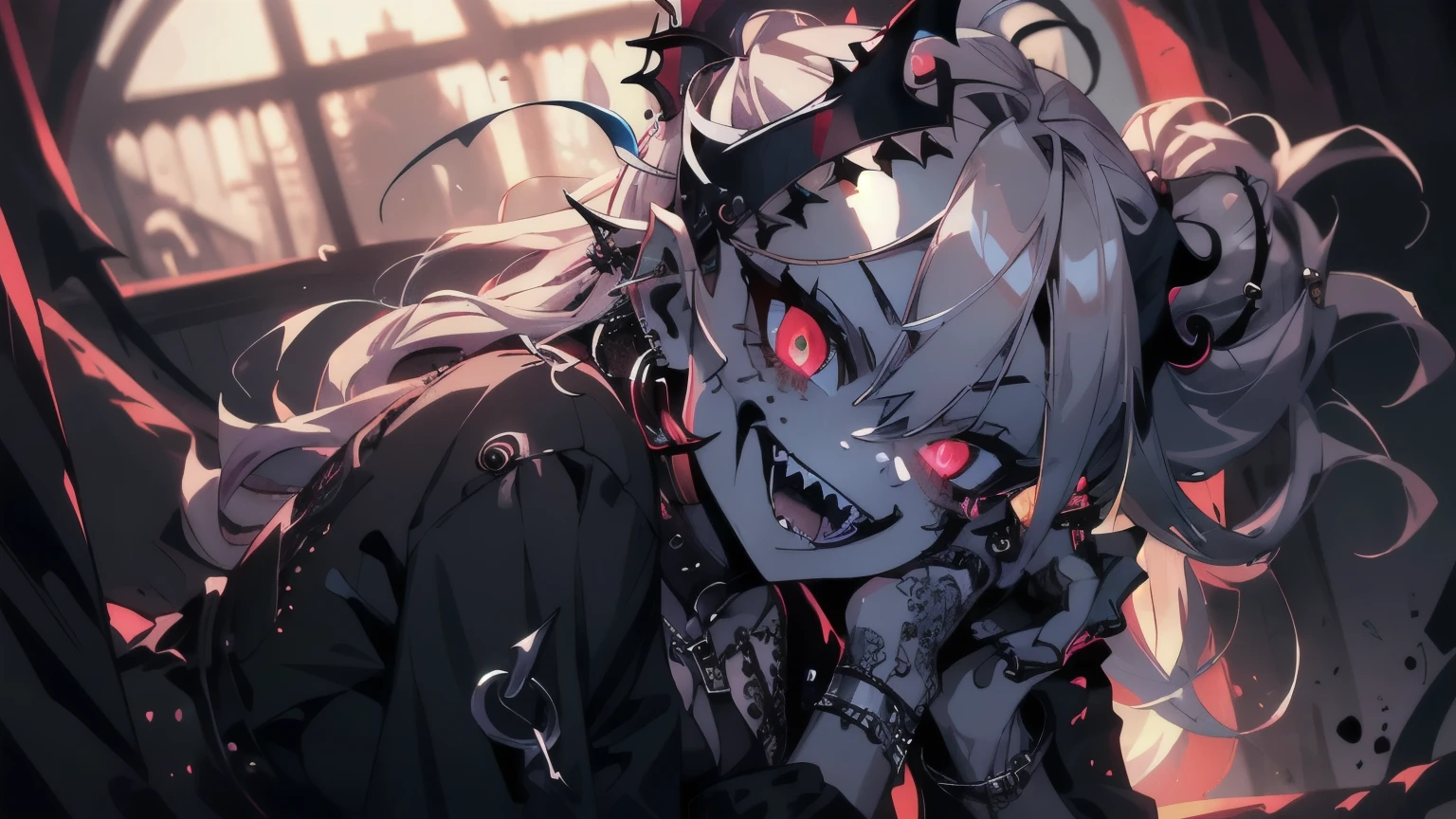 (ultra detailed), (masterpiece), (Best Quality), (depth of field), (sharp focus), (cinematic lighting), (vibrant colors), 1 girl, Crazy smile, Fangs, tongue out, bright Eyes, Gothic style, dark makeup, black tattoos, silver piercings, psychopath,