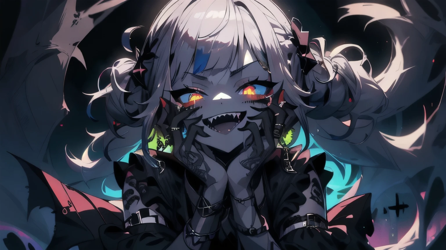 ( super detailed ), ( masterpiece), ( Best quality), ( depth of field ), ( sharp focus ), ( Cinematic lighting ), ( bright colors ), 1 girl, crazy smile , fangs, , Bright Eyes, Gothic Style , oscuro , black tattoos, silver piercings , a psychopath,