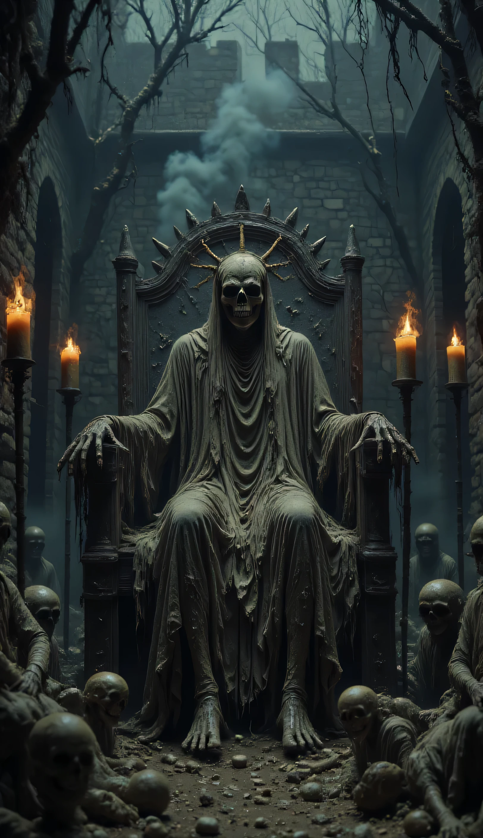 In a dark room of a castle , a skeletal king sits on a throne made of bones and skulls . The flames of the torches illuminate his as a group of warriors pay homage to him, with fearful looks .