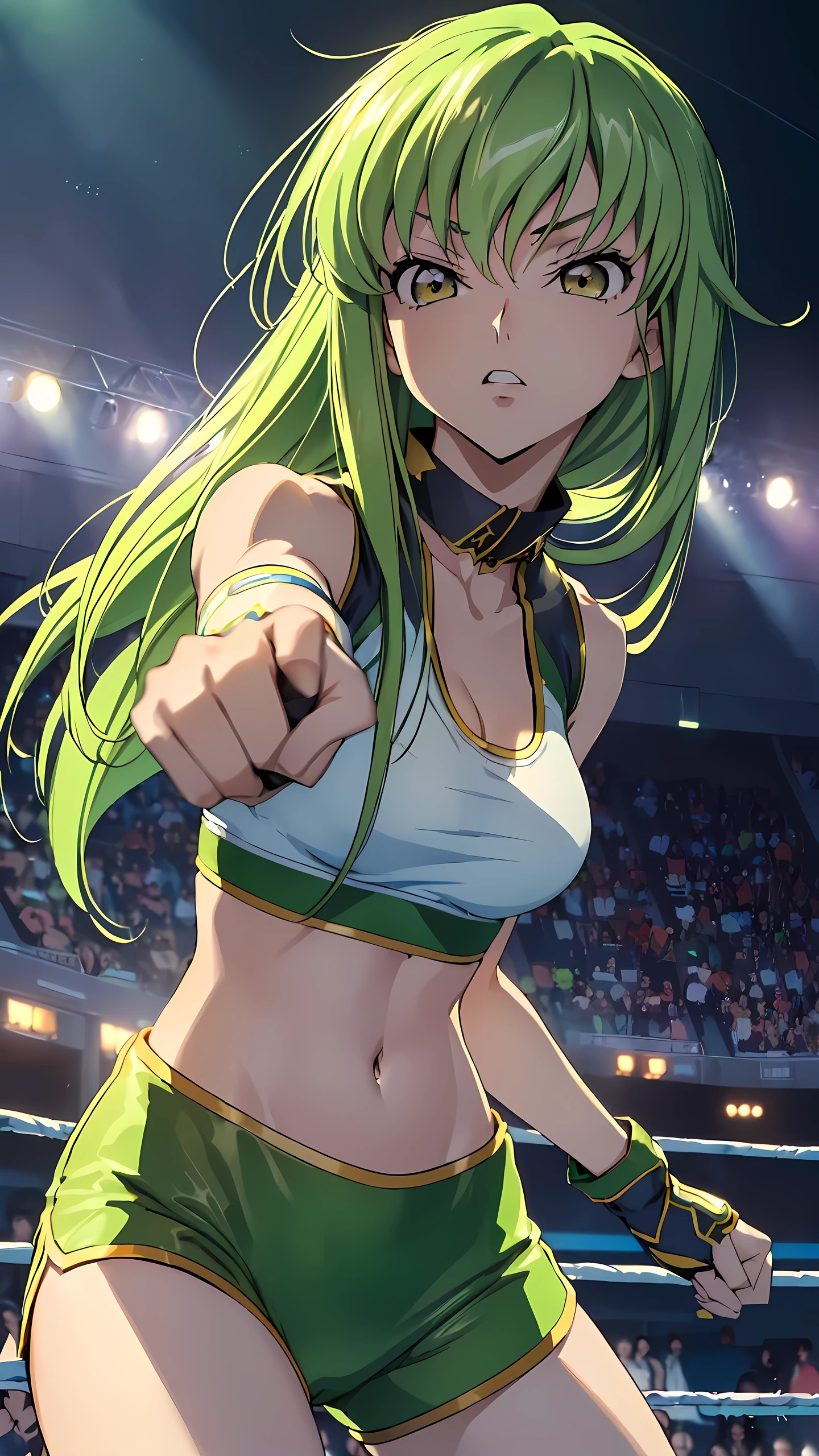 (Battle Festival style) (beautiful high kicking pose), (solo:2, 15 yo), (beautiful ponytail), (beautiful detailed green hair long hair), (best fighter girl, cute yellow eyes, smile, medium tits), in a tank top, hot pants, break, in the battle game Colosseum, BREAK, perfect anatomy, masterpiece, best quality, 16k, beautiful detailed grow, daydreaming expression.
