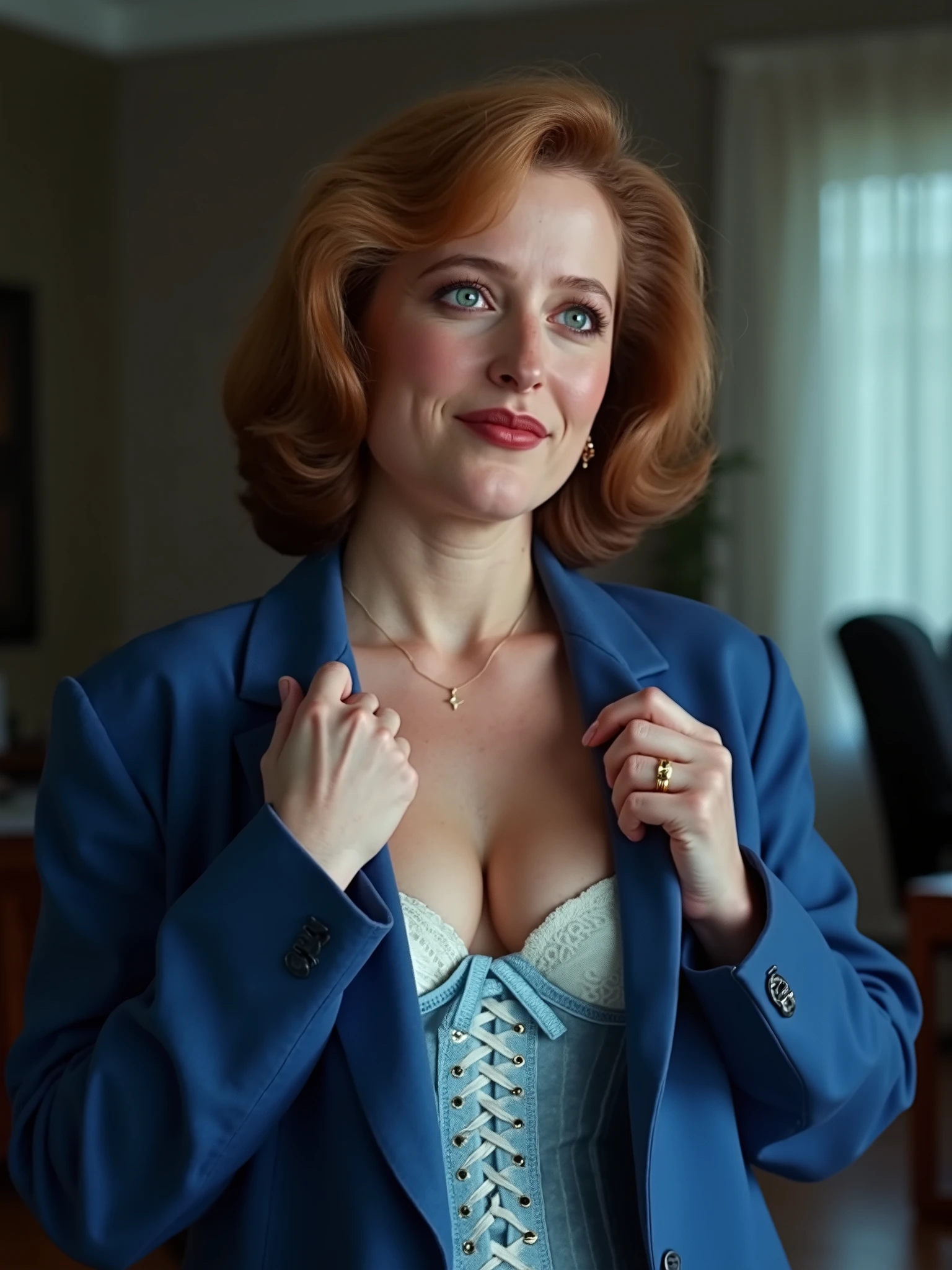 A woman 35 years 1girl, a realistic photo of Gillian Anderson as Dana Scully, featuring a beautifully detailed face with captivating eyes and a serene expression, The image showcases her natural beauty, focusing on her flawless skin and delicate features, The lighting enhances her features, creating a soft interplay of light and shadow, while the high-resolution quality captures every detail with photo-realistic clarity, Her hair is styled in an intricate and unique fashion, adding to her ethereal and timeless aura, (pale skin, detailed skin, detailed face), (brown hair), (sexy makeup, eyeliner, long eyelashes), (pale skin, detailed skin, detailed face), (brown hair), (sexy makeup, eyeliner, long eyelashes), (wearing blue unbuttoned business jacket, light-blue thin laced corset with white edges, light-blue thin laced g-strings, blue thin stockings, light-blue thin platform high heels beautiful golden earrings, golden necklace), (office of  Dana Scully from UFO movie), (staying and posing seductively, spreading the flaps of her jacket apart showing ass and breasts), (smiling), full body, perfect anatomy, perfect fingers