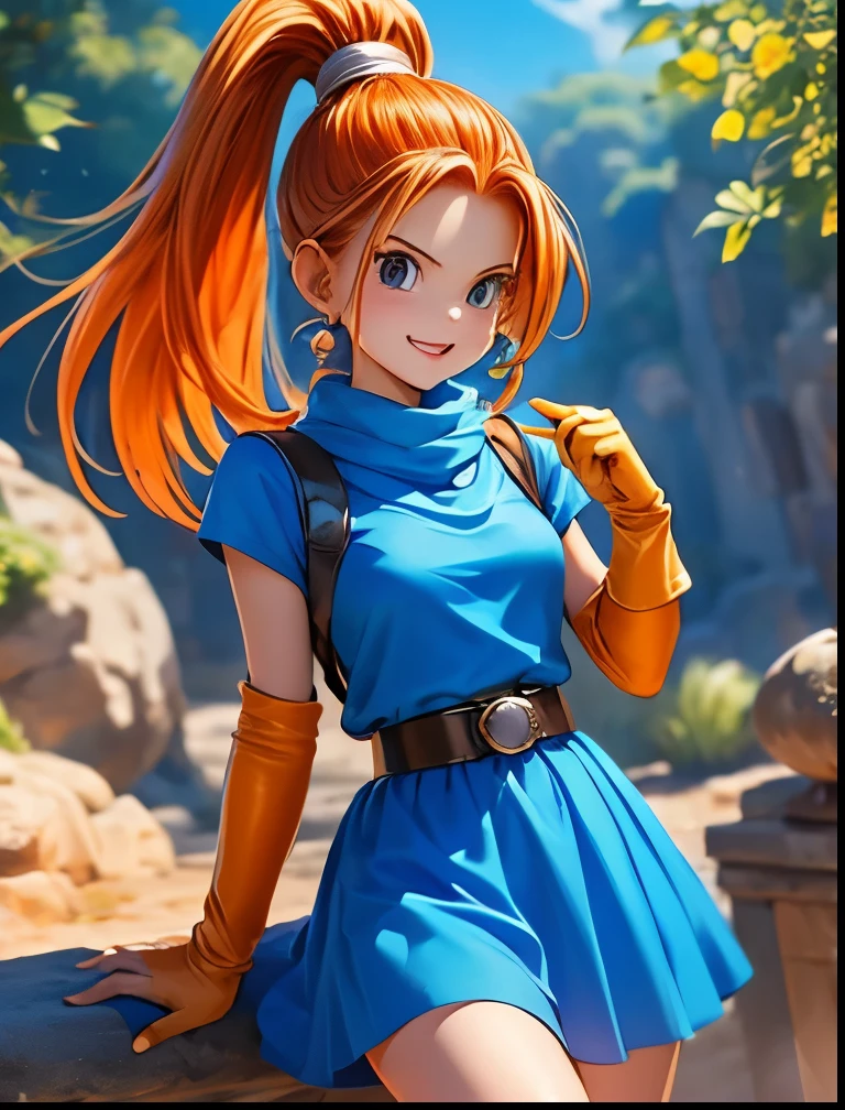 (((SFW、Accuracy、Highest quality、 A first-class masterpiece 、 Normal body 、8k、 detailed face 、 super precision 、 Normal Hands 、5 fingers、Highest)))、" DRAGON QUEST"、Barbara、 orange hair、 ponytail、blue miniskirt dress、A gentle smile