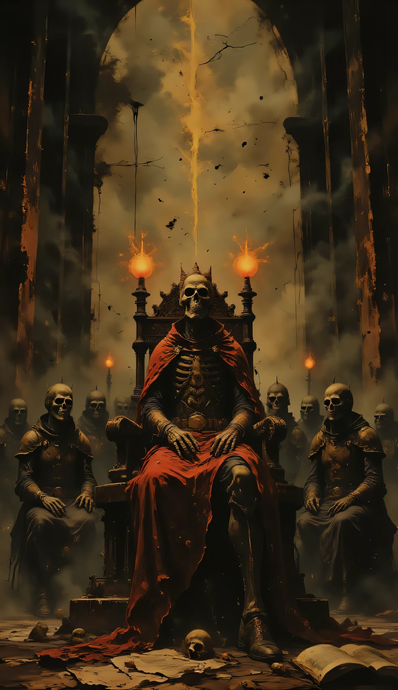 In a dark room of a castle , a skeletal king sits on a throne made of bones and skulls . The flames of the torches illuminate his as a group of warriors pay homage to him, with fearful looks .