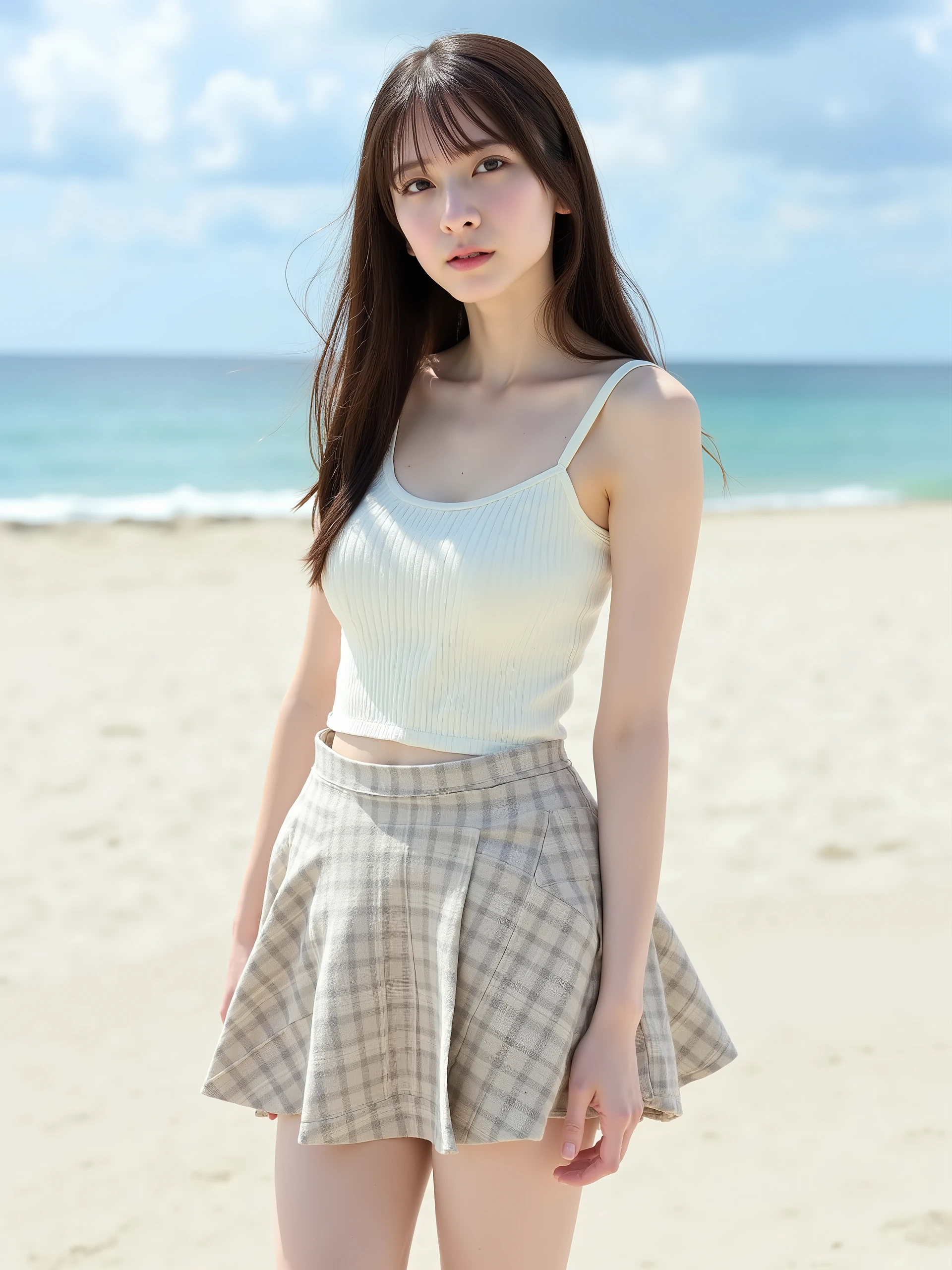 High resolution photo of Japanese actress, (Real, Photoreal:1.2), (Top quality, Masterpiece), RAW photo, Exquisite details, High resolution, High resolution, Sharp focus, (Full body, Front shot:1.4), One girl looking at the camera, (((Wearing a Ivory white short tank top, sexy flared mini skirt with check pattern))), (Beautiful breasts, toned waist, navel showing), (Dark brown medium length hair with bangs), (Detailed face, Beautiful detailed eyes, Beautiful black eyes, Shiny nose), Midsummer beach, Perfect anatomy, Perfect hands, Photo background, Outdoors, Sandy beach, Blue sky and clouds,