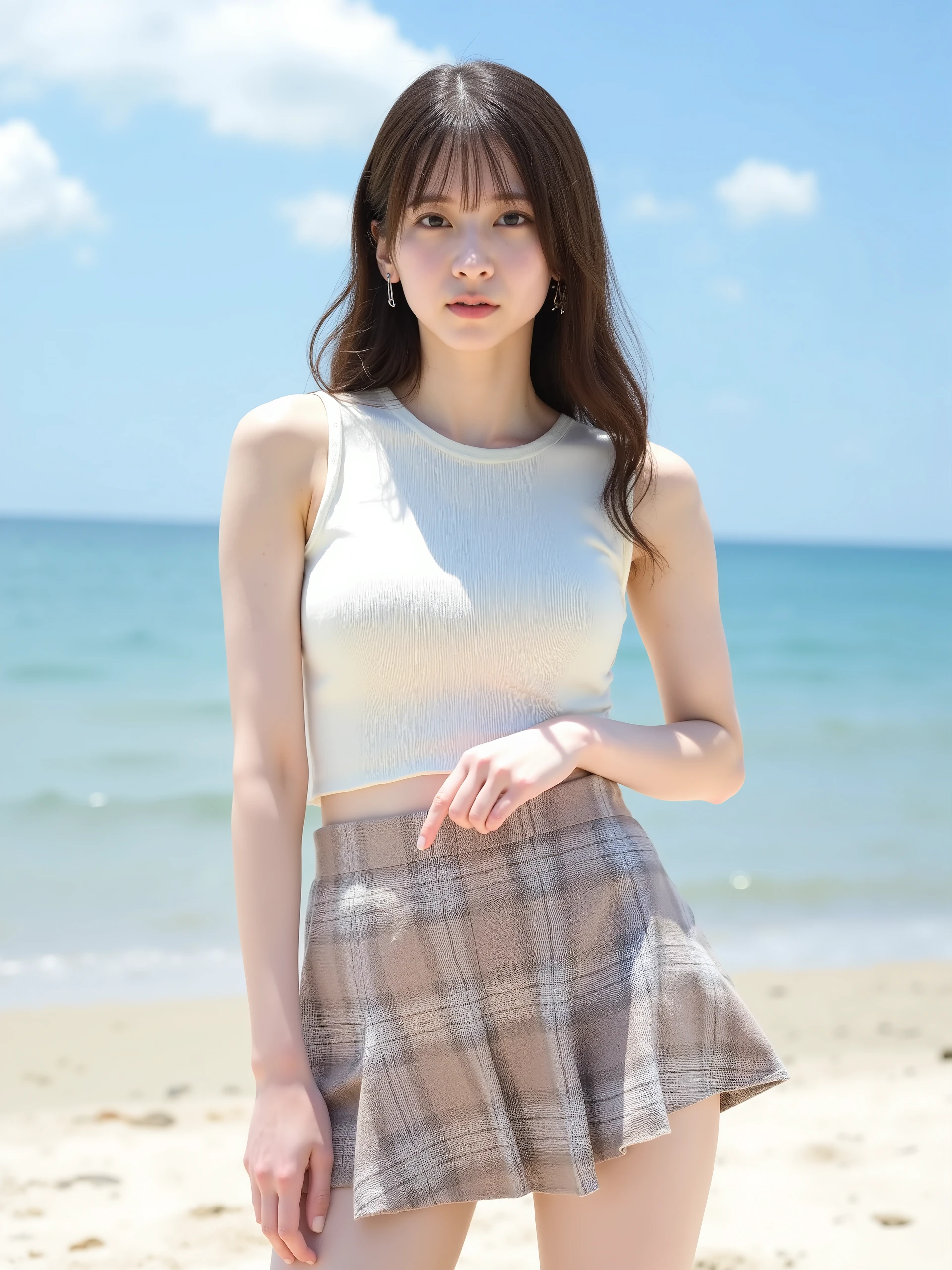 High resolution photo of Japanese actress, (Real, Photoreal:1.2), (Top quality, Masterpiece), RAW photo, Exquisite details, High resolution, High resolution, Sharp focus, (Full body, Front shot:1.4), One girl looking at the camera, (((Wearing a Ivory white short tank top, sexy flared mini skirt with check pattern))), (Beautiful breasts, toned waist, navel showing), (Dark brown medium length hair with bangs), (Detailed face, Beautiful detailed eyes, Beautiful black eyes, Shiny nose), Midsummer beach, Perfect anatomy, Perfect hands, Photo background, Outdoors, Sandy beach, Blue sky and clouds,
