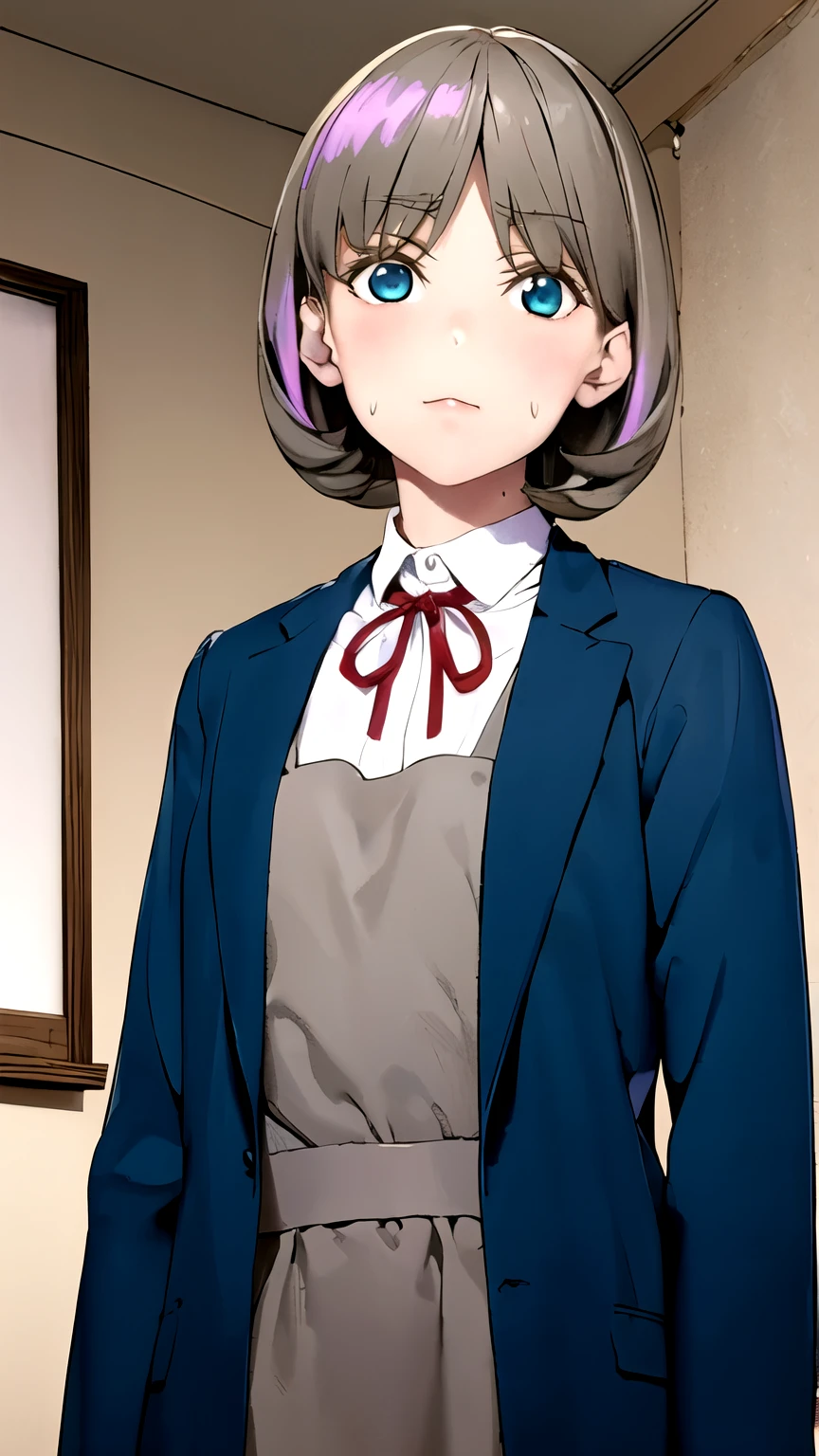 ((masterpiece,best quality)), {DATE_artstyle_LoRA : Manga_Style} {horror_edit} {horror_edit : creepy_room_aura} {partially_monochrome} { :(keke tang, short hair, blue eyes, grey hair, multicolored hair, streaked hair), perfectly_shape_breast : perfectly_fit_body } { , shirt, dress, ribbon, school uniform, jacket, white shirt, open clothes, collared shirt, open jacket, red ribbon, neck ribbon, blue jacket, pinafore dress, grey dress, yuigaoka school uniform } {standing : obedient } { no_emotion : hypnotic_eyes : hypnotized_eyes : lazy_eyes} { sweating } { : dark otaku room : creepy : messy}