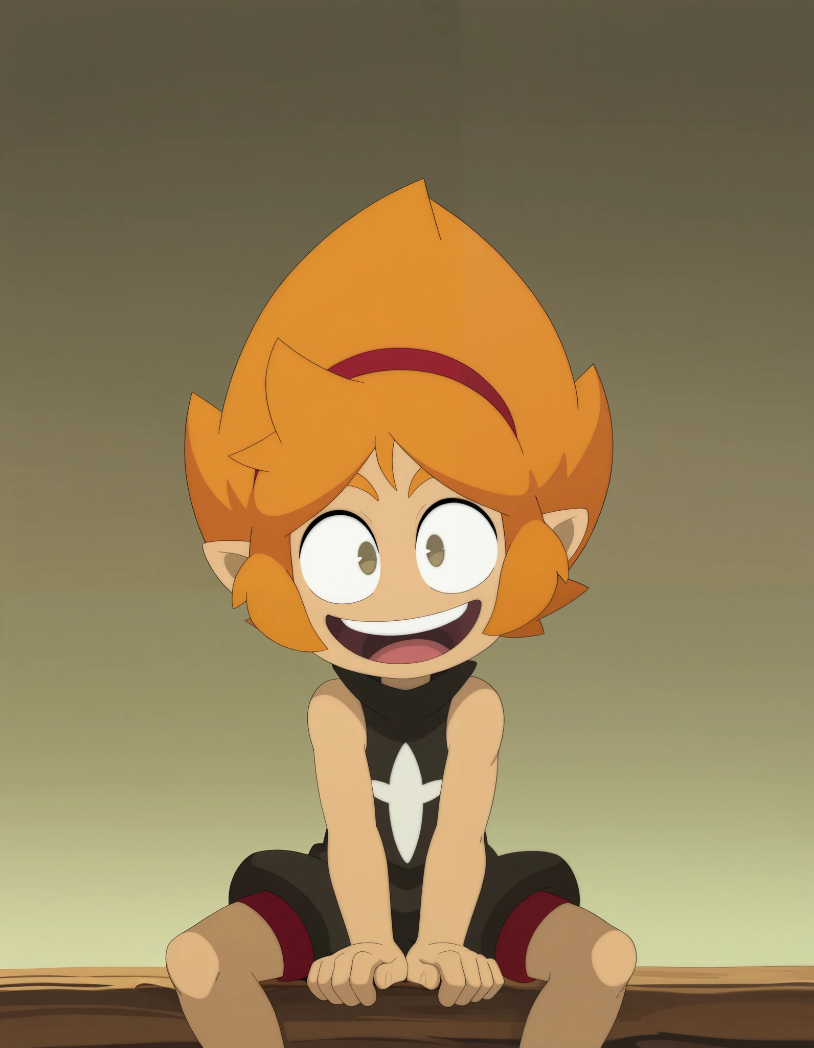 illuelely, Elely (Wakfu), cute anime girl, big cute eyes, masterpiece,cartoon style, best quality, amazing quality, gradient background, chibifurri,
mollymcgee, (open mouth smiling), looking at viewer,
(1 girl), skinny body, flat chested, elely_wu, orange hair, short hair, hairband, pointy ears, sleeveless, shorts, shirt symbol,
sitting, form below view