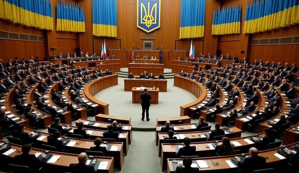 A grand assembly hall of the Verkhovna Rada of Ukraine, featuring a spacious interior with high ceilings and Ukrainian flags prominently displayed. In the center of the hall stands the leader, delivering a speech or addressing the assembly. Surrounding the leader are parliament members, engaged in discussion, some seated at wooden desks and others standing nearby. The atmosphere is formal and focused, reflecting an important political moment.