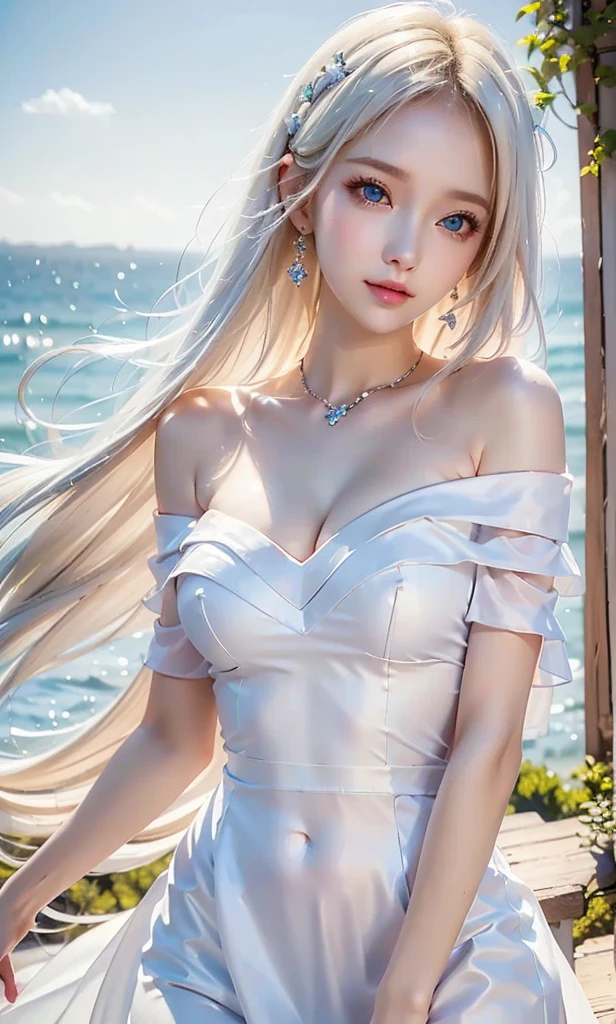 masterpiece, best quality, ultra-detail, illustration, close-up, full body, (topless), breast, (1girl), long grey hair, golden eyes, long hair, (halo), detailed cloud, detailed sky, angel wings, haughty expression, looking at the viewer, standing, luxurious dress, (sunshine, light beam, cinematic lighting), flying, hair ornament, jewelry, earings angel, (translucent white dress), smooth skin, lighting on face, wind