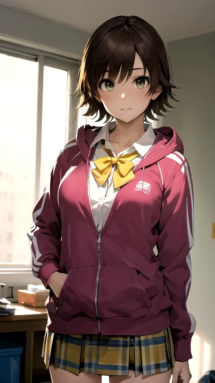 ((masterpiece,best quality)), {DATE_artstyle_LoRA : Manga_Style} {horror_edit} {horror_edit : creepy_room_aura} { :(MioBase, short hair, ), perfectly_shape_breast : perfectly_fit_body } { , hooded track jacket, pink jacket, yellow bowtie, yellow skirt } {standing : obedient } { no_emotion : hypnotic_eyes : hypnotized_eyes : lazy_eyes} { sweating } { : dark otaku room : creepy : messy}