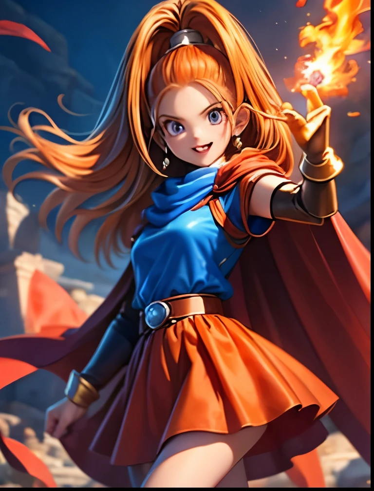 (((SFW、Accuracy、Highest quality、 A first-class masterpiece 、 Normal body 、8k、 detailed face 、 super precision 、 Normal Hands 、5 fingers、Highest)))、" DRAGON QUEST"、Barbara、 orange hair、blue miniskirt dress、Red Cape、A gentle smile、Fire Magic