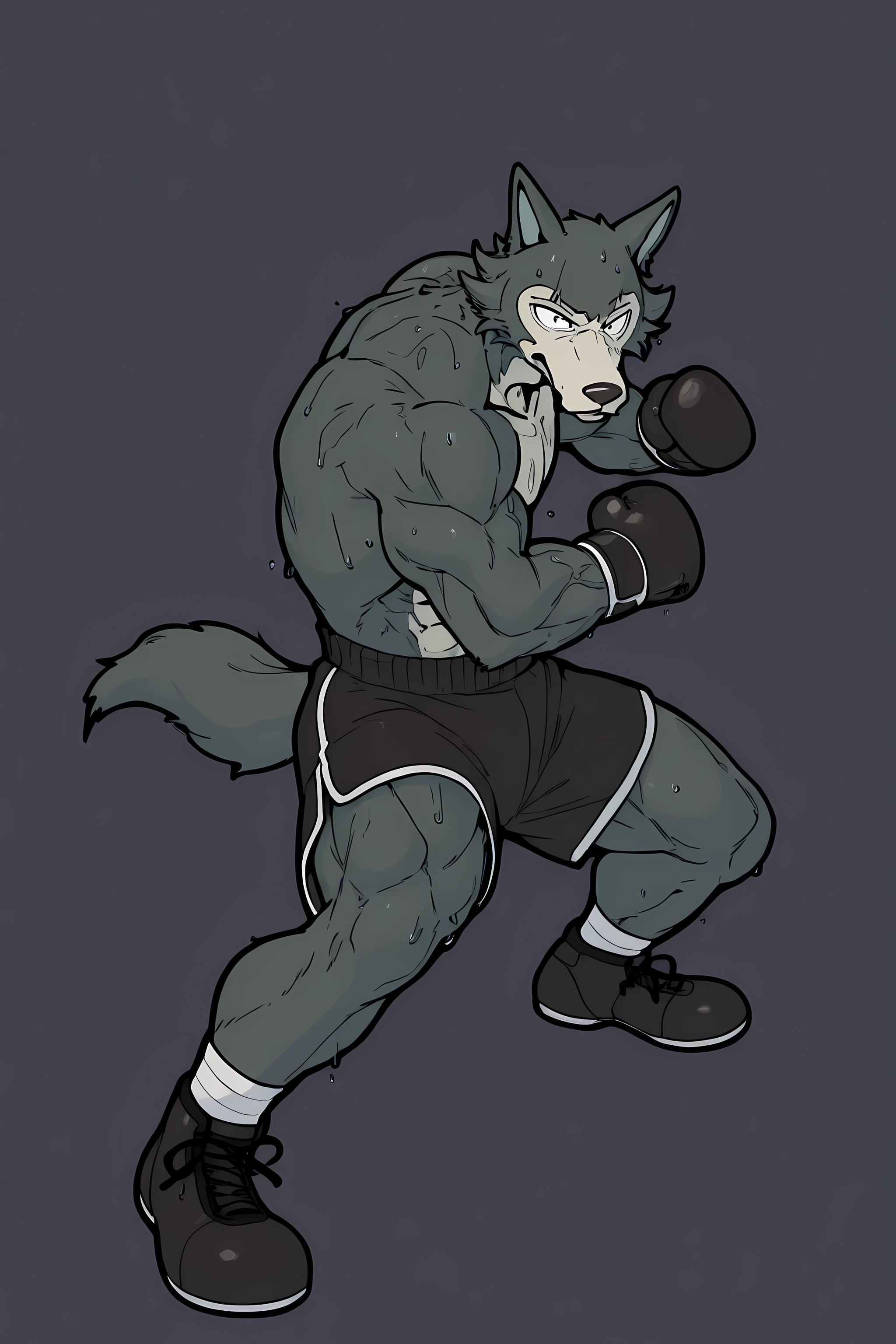 l3gosh1, beastars, male, solo, wolf, muscular, athletic, masculine, (small eyes), flat color, boxing_gloves, simple background, sweaty body, veiny arms, bulging muscles, boxing_stance, dynamic pose, boxing_pose, (black outline), boxing_shoes, boxing_shorts, full body, big head