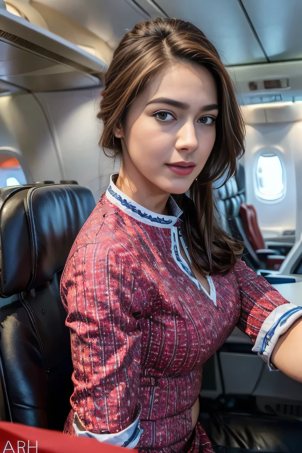 Top Quality, Masterpiece, 8K, Ultra High Definition, (Photorealistic: 1.4), 1 Girl, Beautiful Face, Symmetrical Eyes, Big, Perfect Body Proportions, Stewardess Uniform, huge breasts, big cleavage, Viewer's Look, (Inside the Airplane: 1.2), Front View, Shoulder Jump, Absolute Area (1.3),