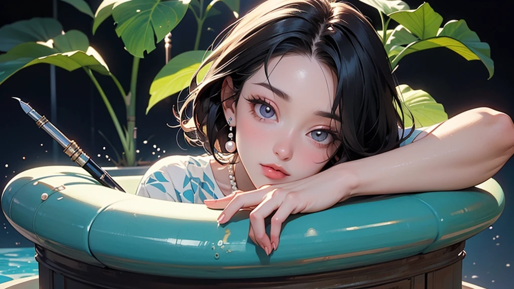 The perfect masterpiece,Highest quality,Perfect artwork,8K, Upper Body Lens,front portrait,Delicate face,Face Close-up, girl in a bathtub with water and lots of apples, (((eating a candy)))), Digital Art,plane illustrations,colorful illustration,minimalist style,anime cartoon style,