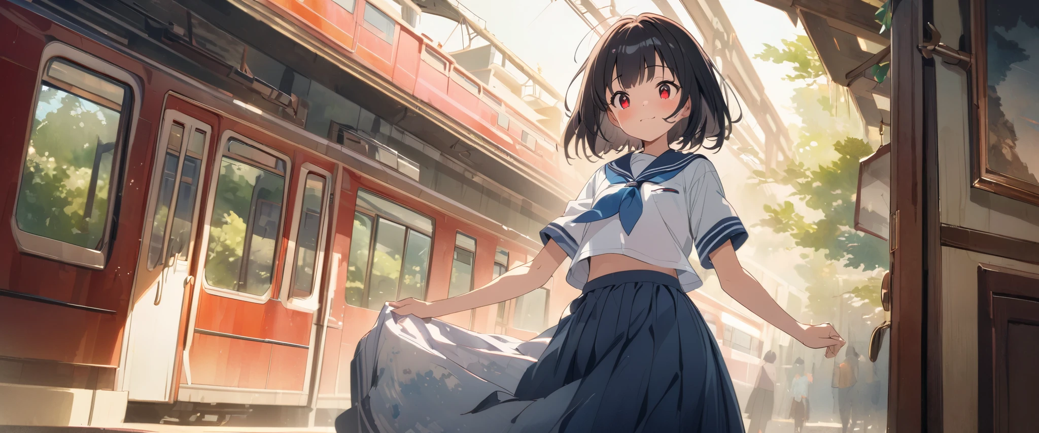 girl 、 bob cut、 black hair、stupid hair 、 red eye、 tree eyes 、Sailor suit with long skirt、Show off your panties by flipping up your skirt yourself、 glare、Old fashioned hallway background、masterpiece、 best quality 、 Detailed Help 、 cute anime 、 Train illustration 、 high resolution, attention to detail , 超 high resolution, very detailed, dreamy watercolor painting 、 曲線美のある小さな girl , ,超写実的な小学生の girl 、子供underwear , low angle、 flat chest、 flat chest, full body view, low angle, Rear View、 fun face、、Crotch dirt、underwear、 Messy clothes、 perfect body through Ngs