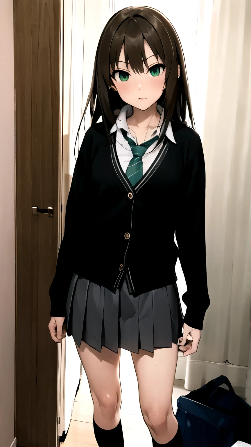 ((masterpiece,best quality)), {DATE_artstyle_LoRA : Manga_Style} {horror_edit} {horror_edit : creepy_room_aura} { :(rin shibuya, black hair, (green eyes:1.5), long hair,, ), perfectly_shape_breast : perfectly_fit_body } { , black skirt, black socks, collared shirt, green necktie, kneehighs, long sleeves, miniskirt, necktie, pleated skirt, school uniform, shirt, skirt, socks, striped, striped necktie, white shirt, wing collar, } {standing : obedient } { no_emotion : hypnotic_eyes : hypnotized_eyes : lazy_eyes} { sweating } { : dark otaku room : creepy : messy}